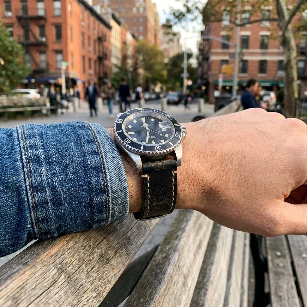 Black leather strap on a dive-style sport watch