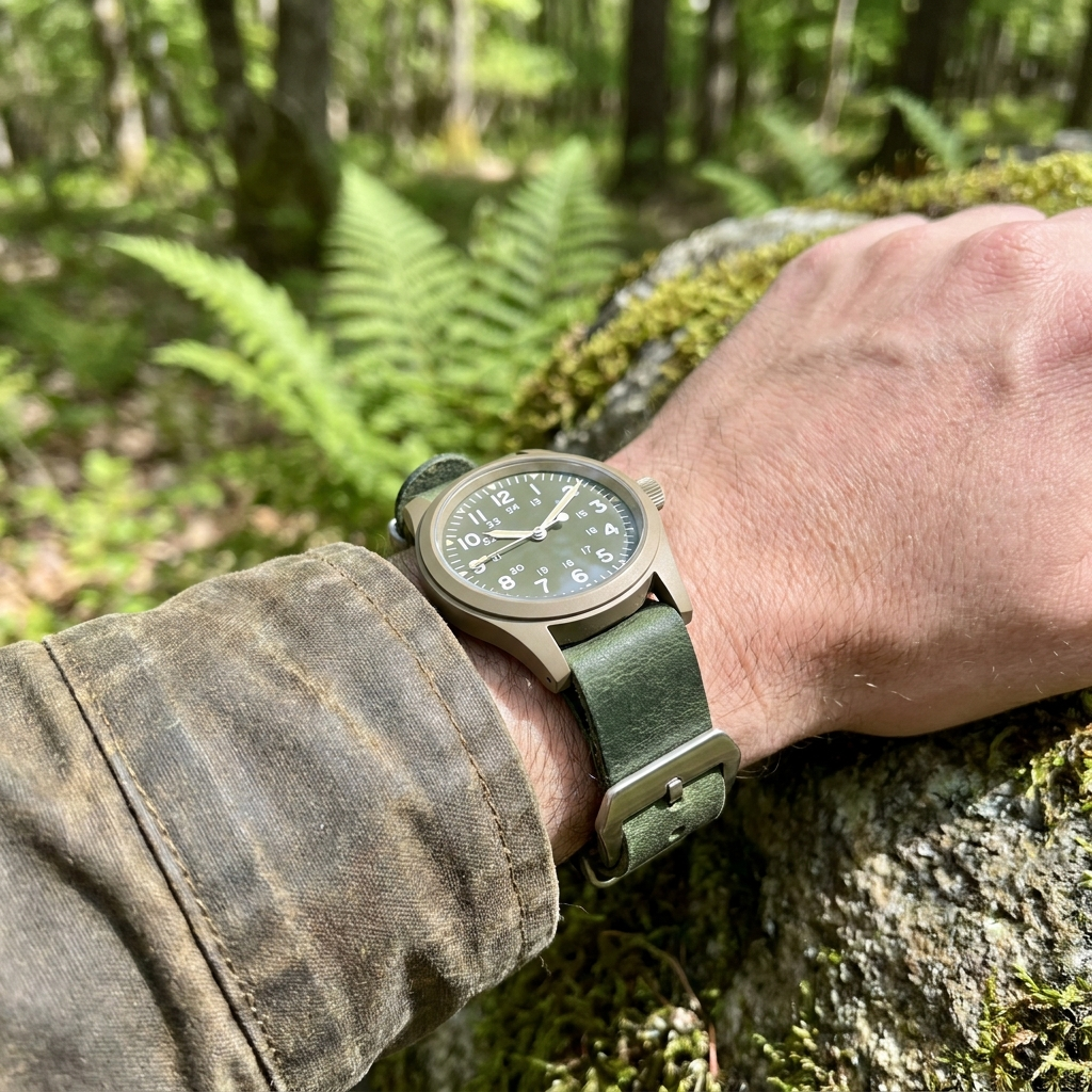 Forest green leather strap on a field watch