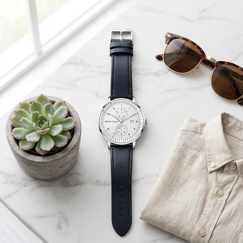 MINI FOCUS white dial lifestyle flatlay