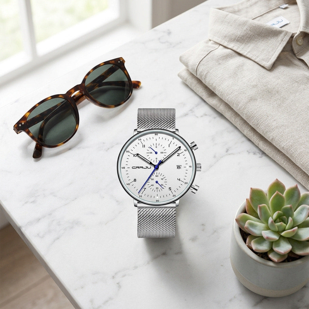 CRRJU white dial lifestyle flatlay