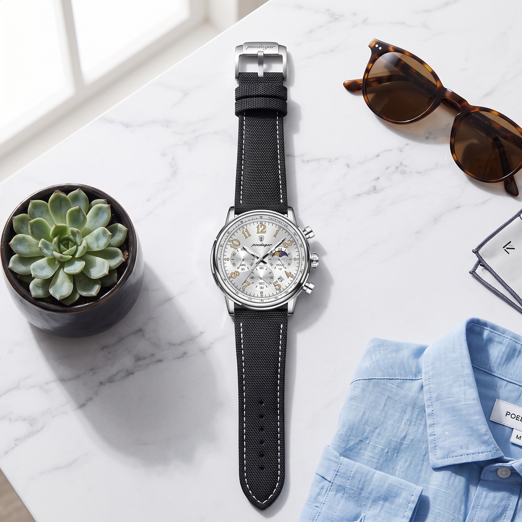 POEDAGAR 808 white dial lifestyle flatlay