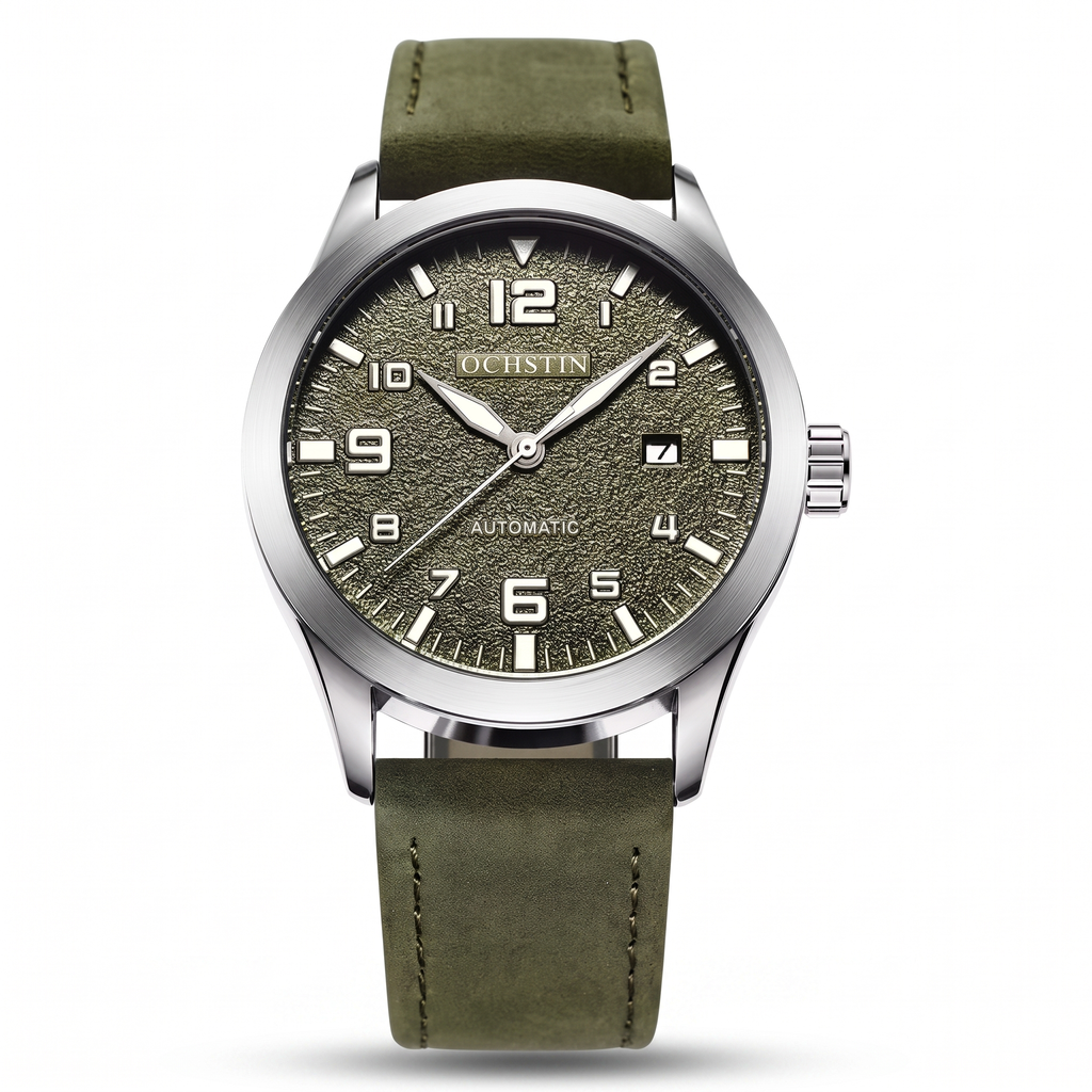 OCHSTIN 62028 automatic pilot watch, military green dial, silver case, 3/4 studio