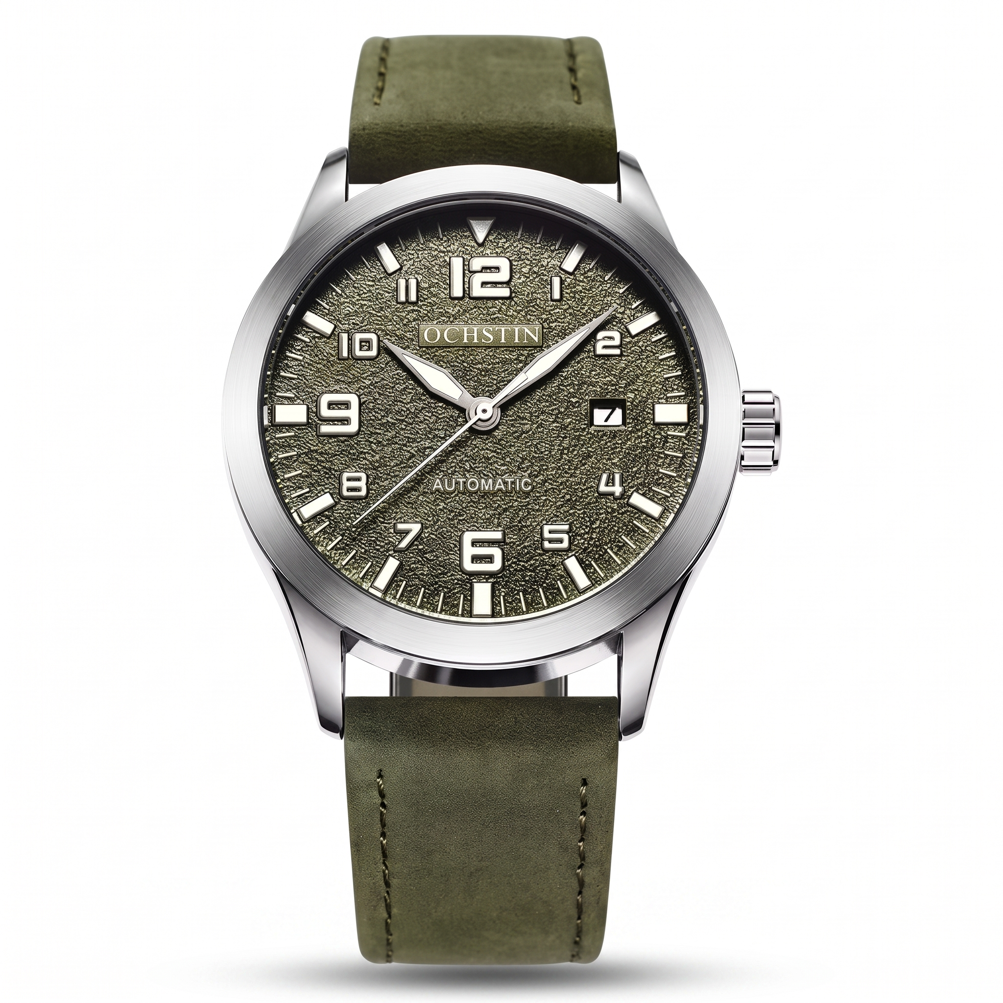 OCHSTIN 62028 automatic pilot watch, military green dial, silver case, 3/4 studio