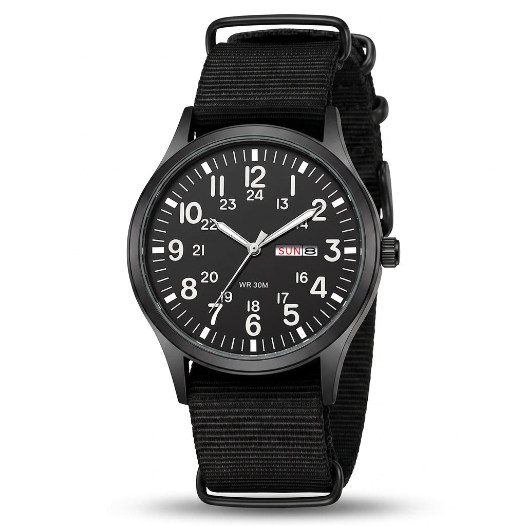 Black military field watch, white numerals, day-date, 3/4 studio