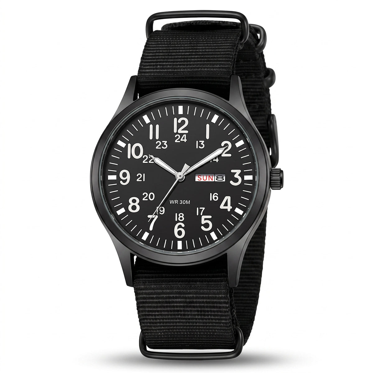 Black military field watch, white numerals, day-date, 3/4 studio