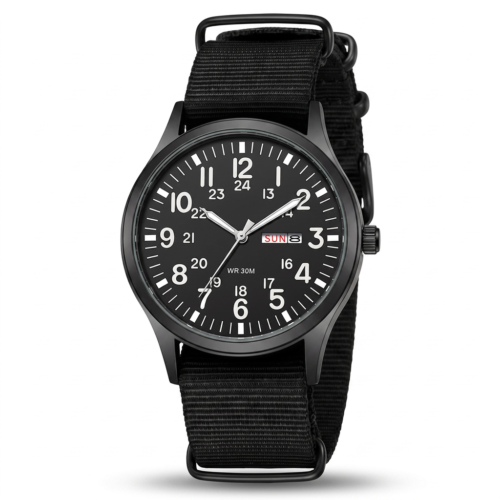 Black military field watch, white numerals, day-date, 3/4 studio