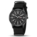 Black military field watch, white numerals, day-date, 3/4 studio