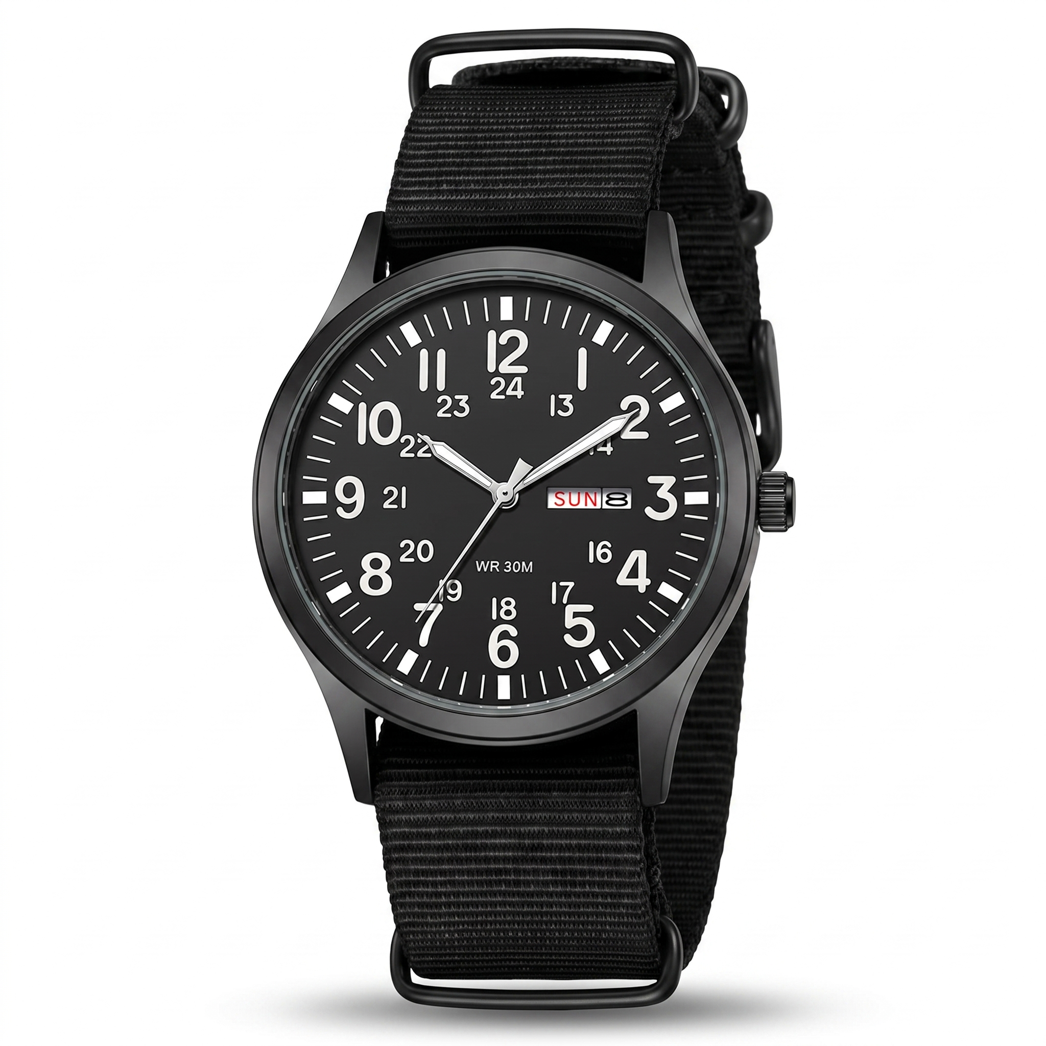 Black military field watch, white numerals, day-date, 3/4 studio