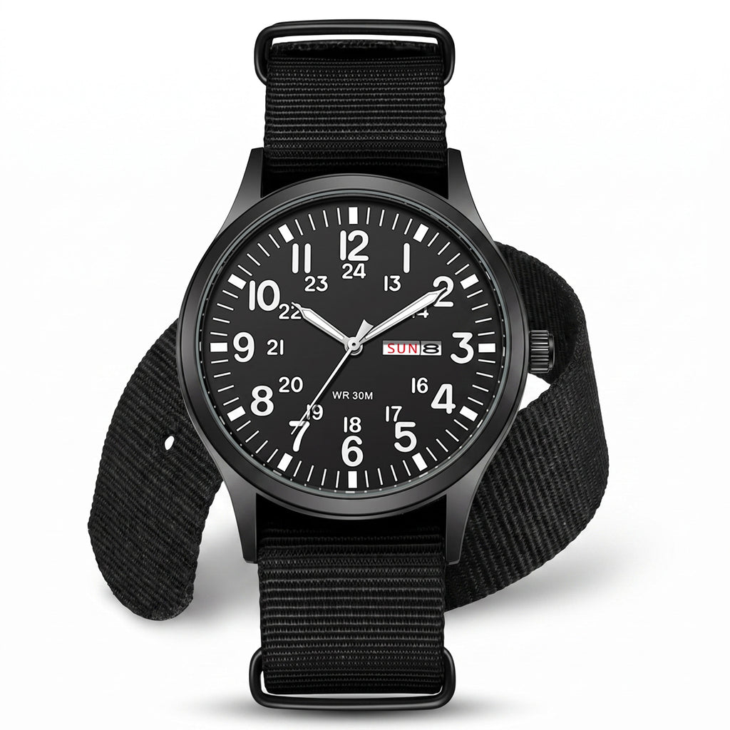 Black field watch front view on white