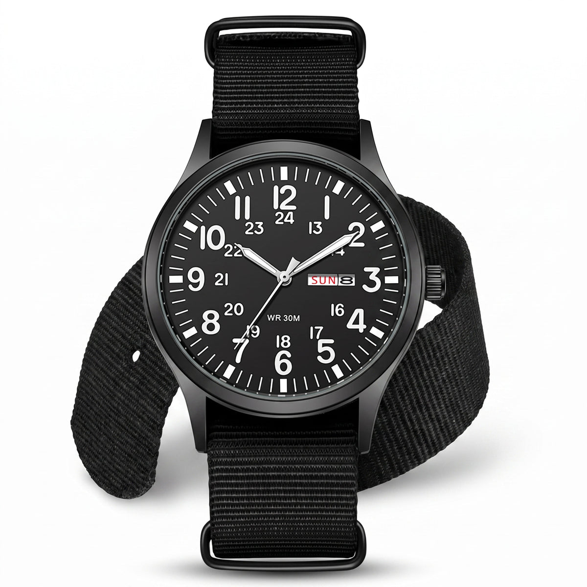 Black field watch front view on white