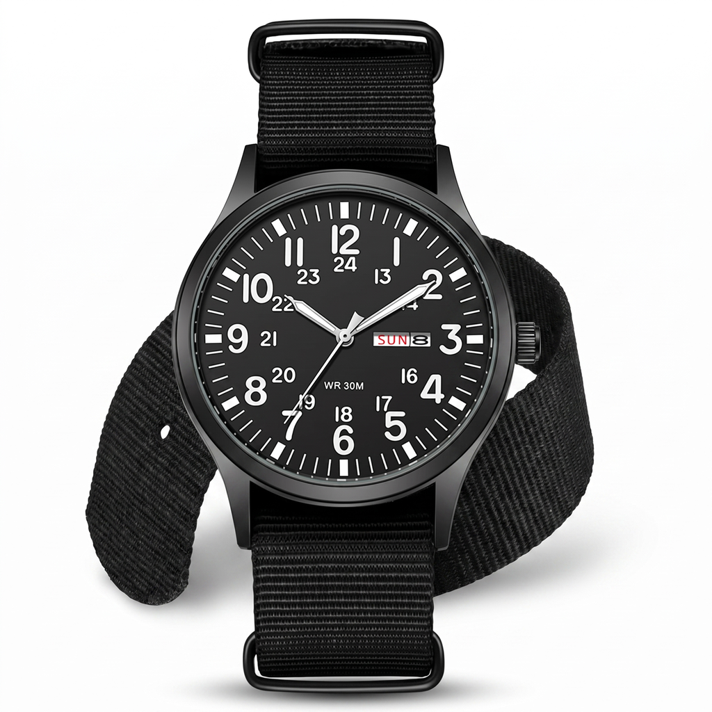 Black field watch front view on white