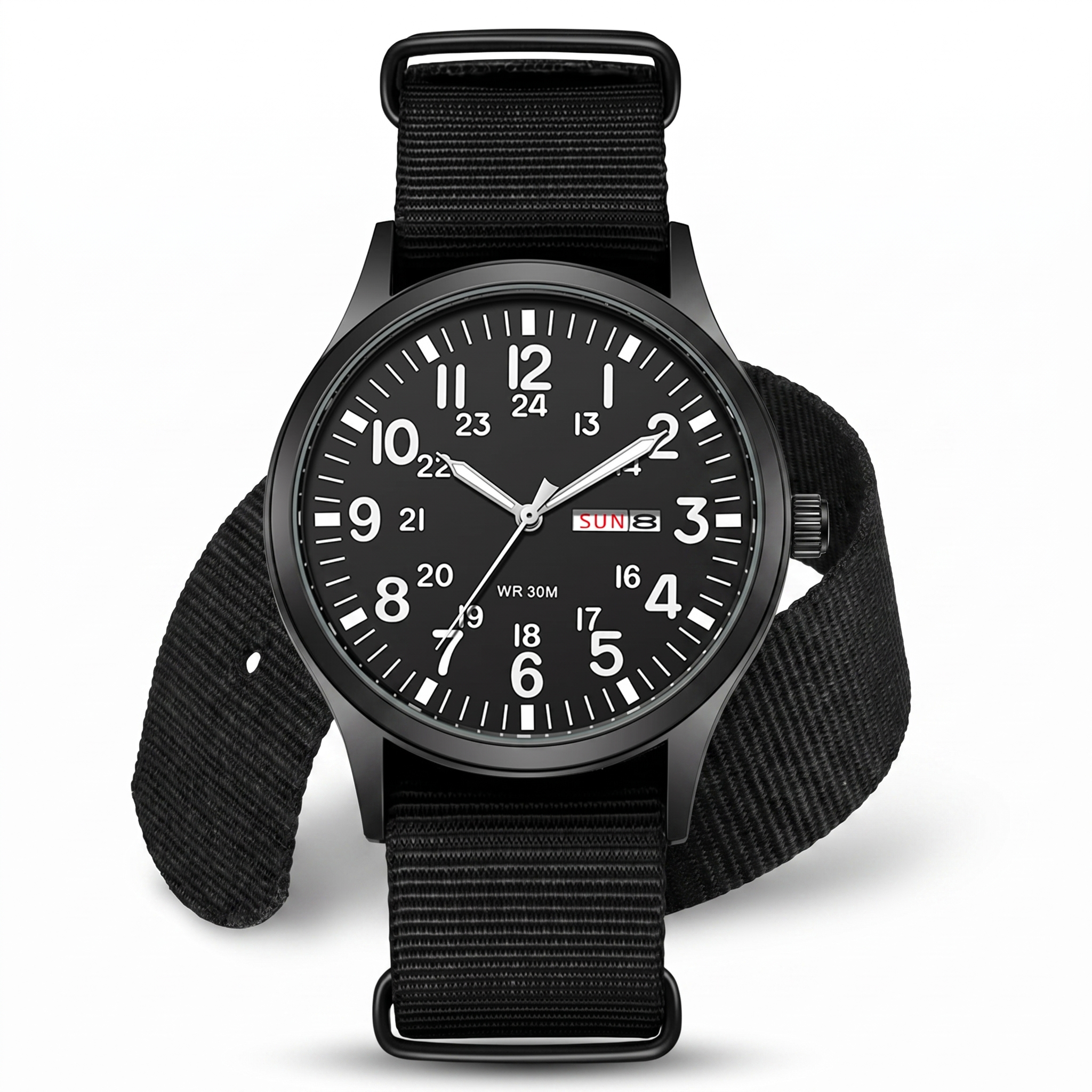 Black field watch front view on white