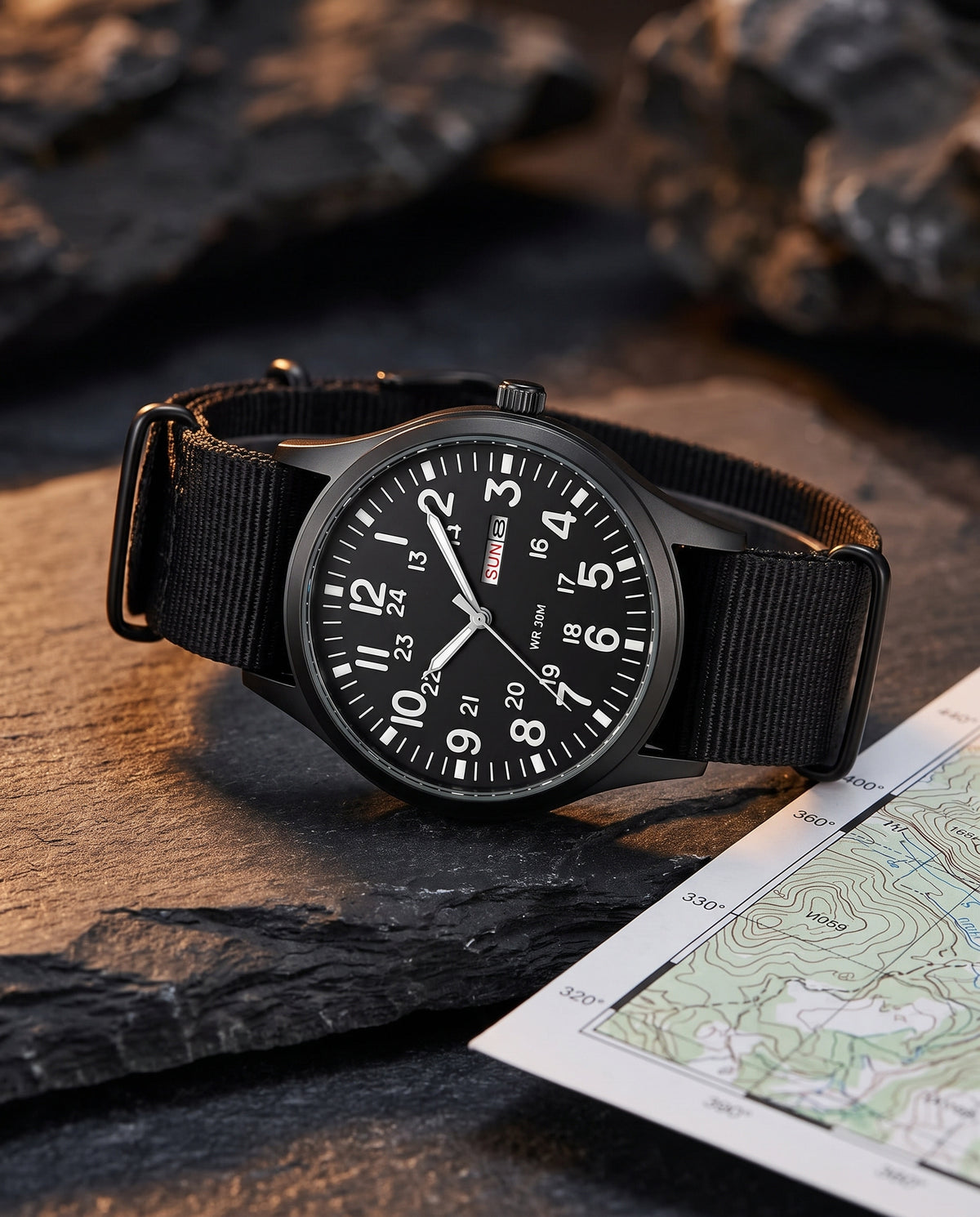Black field watch on slate with topographic map, tactical lifestyle