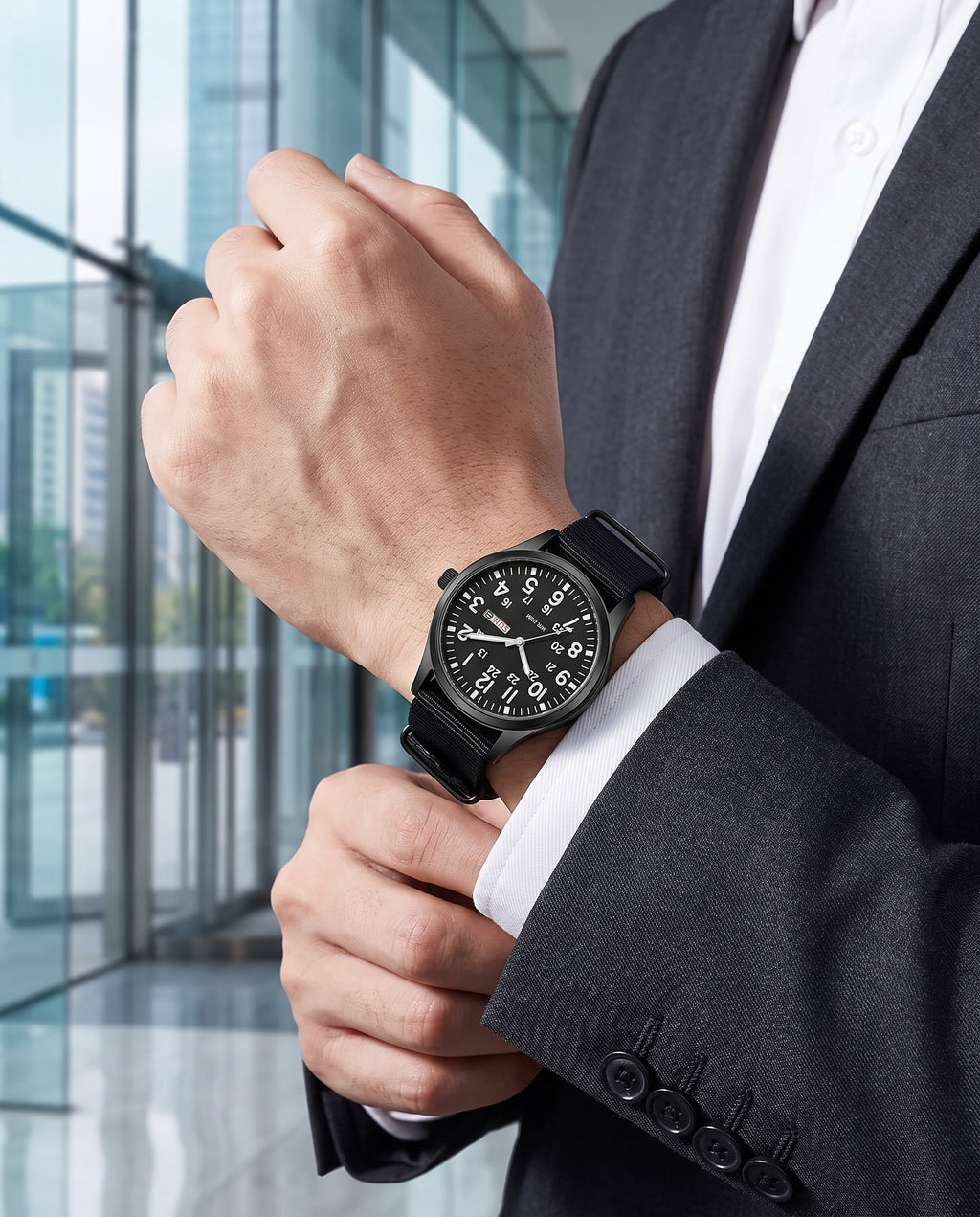 Black field watch worn with a suit, business wrist shot