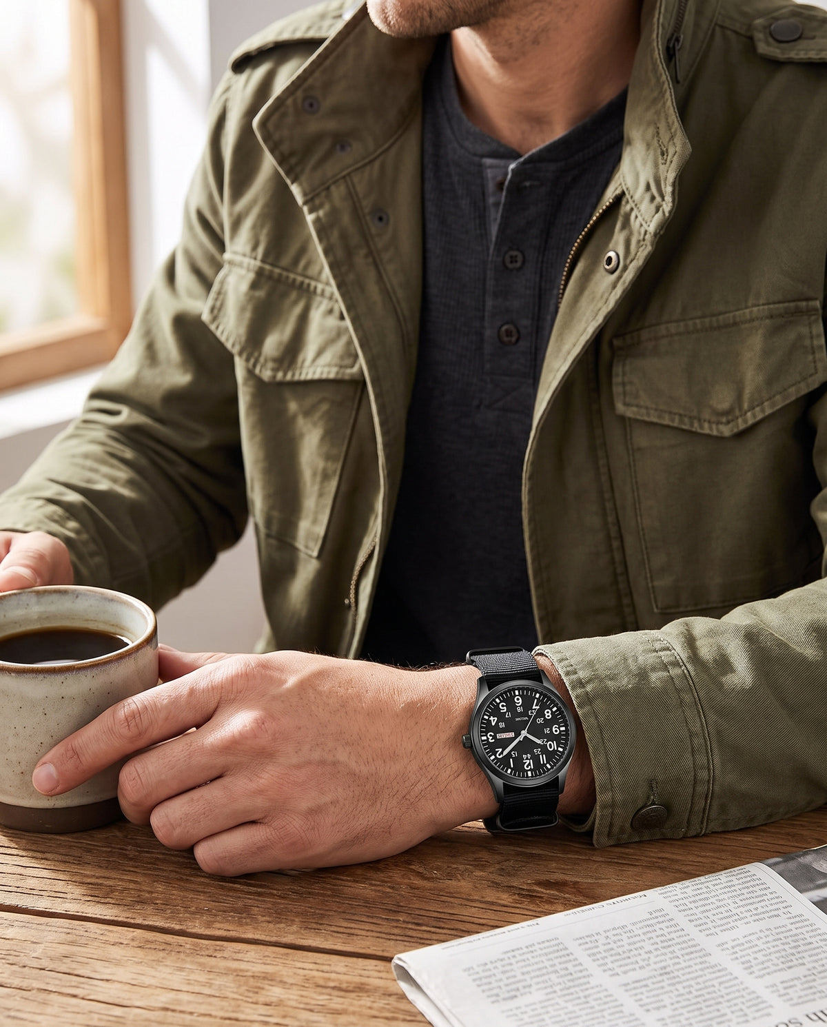 Black field watch casual olive jacket cafe wrist shot