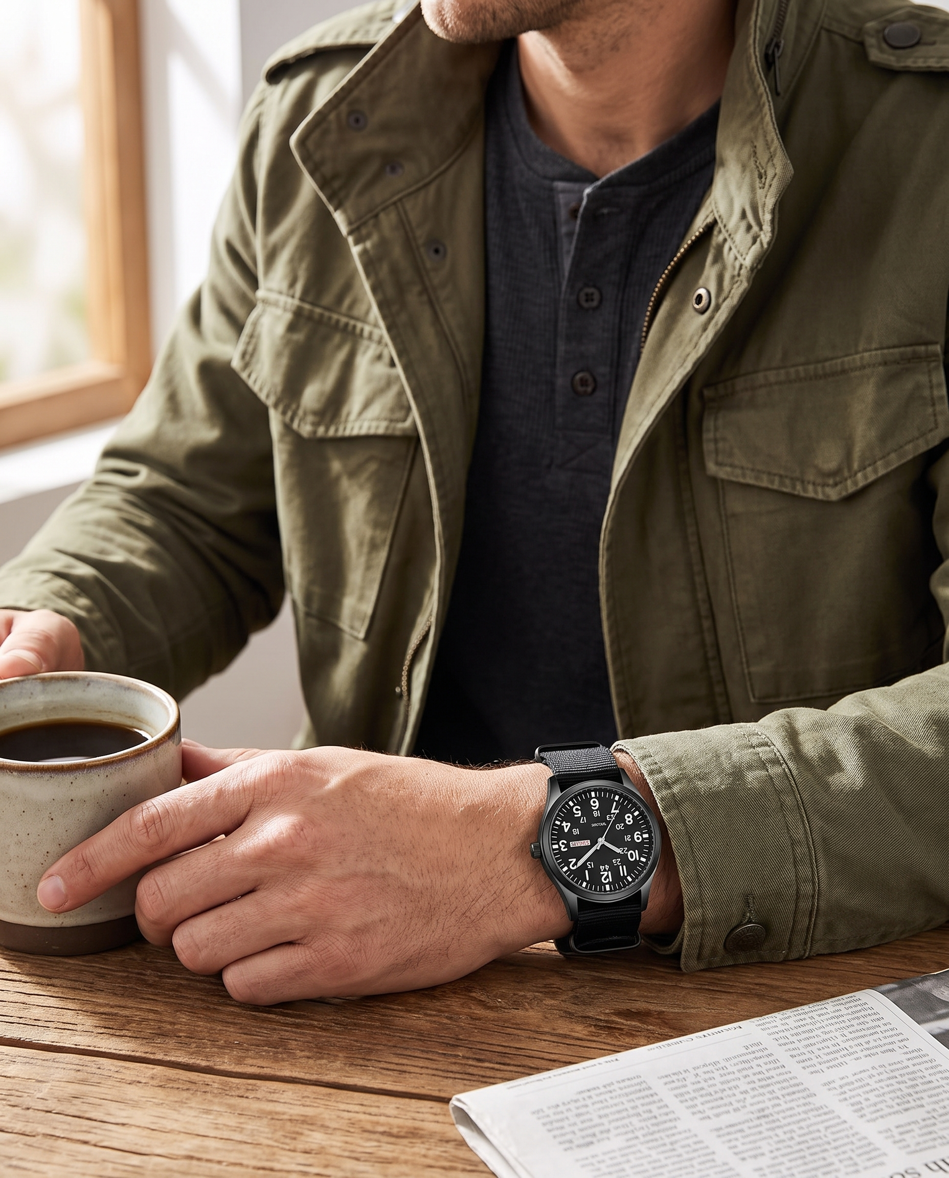 Black field watch casual olive jacket cafe wrist shot
