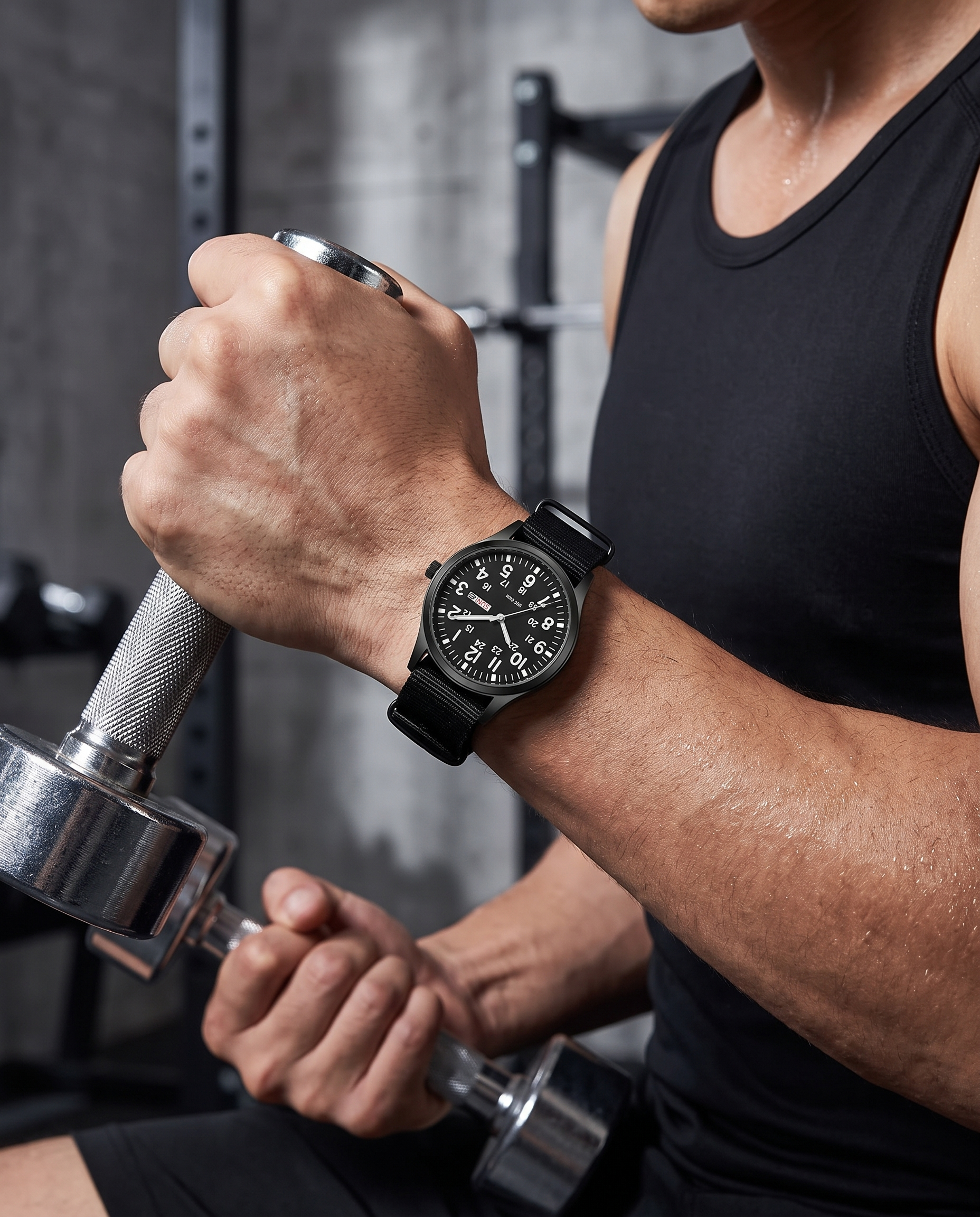 Black field watch in the gym, fitness wrist shot
