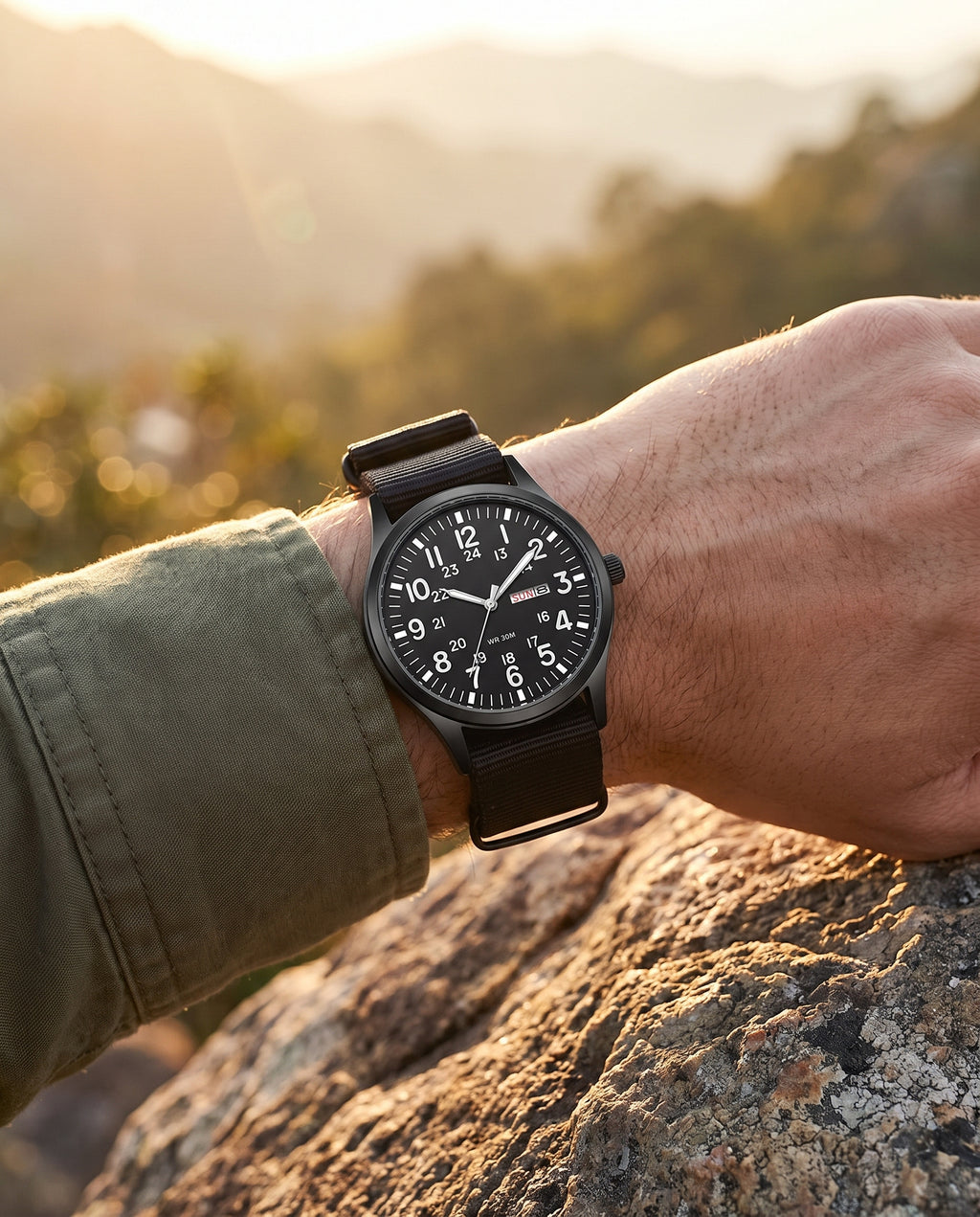 Black field watch on a mountain trail at golden hour, dial upright, outdoor wrist shot