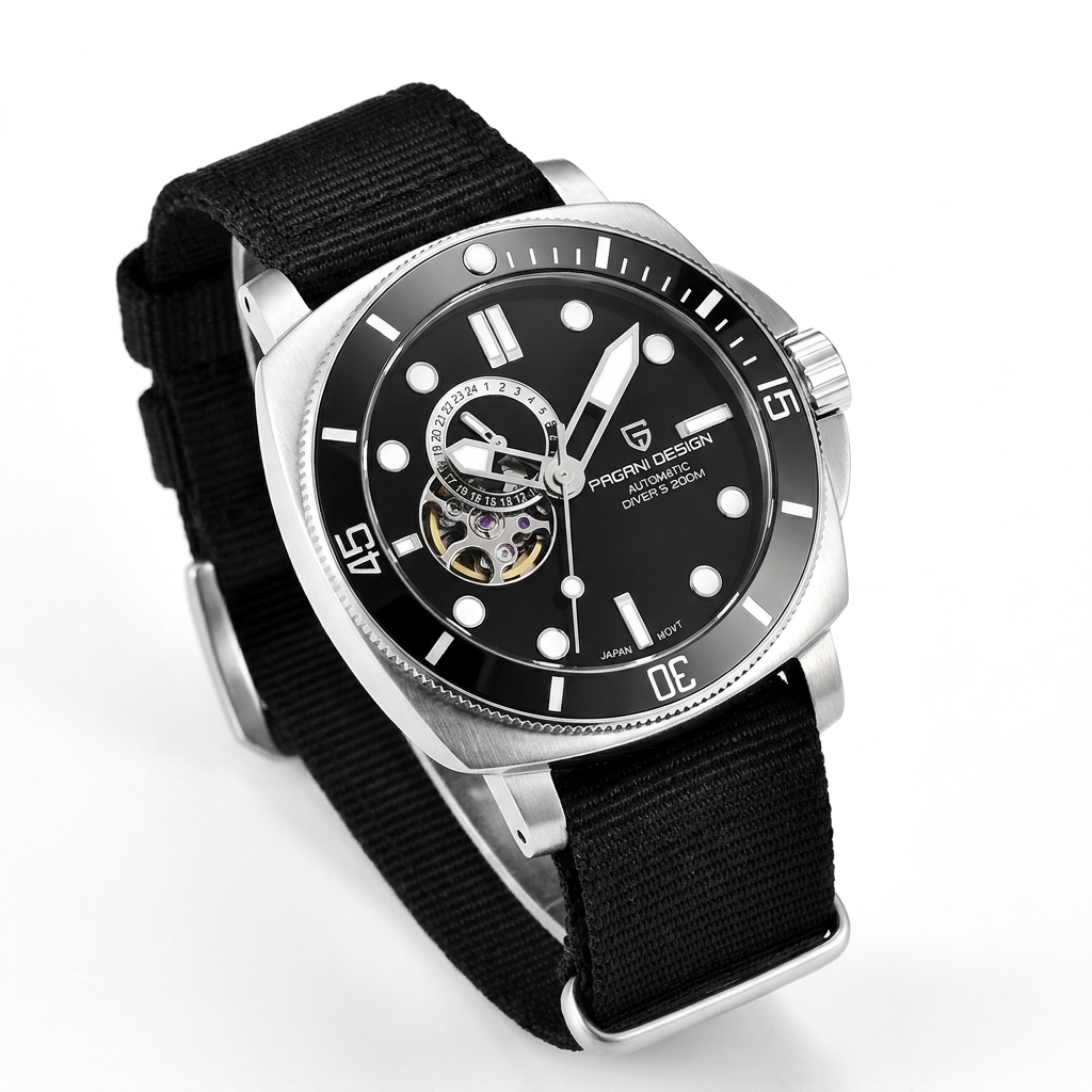 Pagani Design PD1736 silver black automatic dive watch studio hero