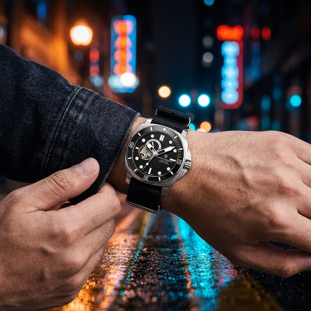 PD1736 worn in evening city scene