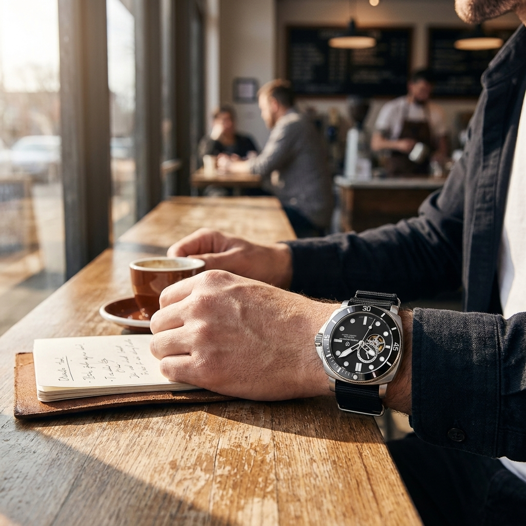 PD1736 worn at coffee shop