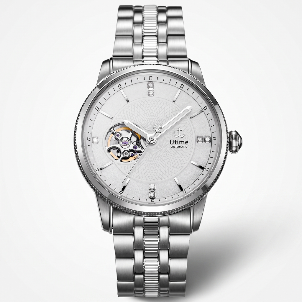 Utime U0035G open-heart automatic — studio hero on white