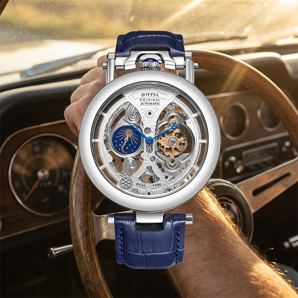 DIFFUL skeleton watch driving classic car