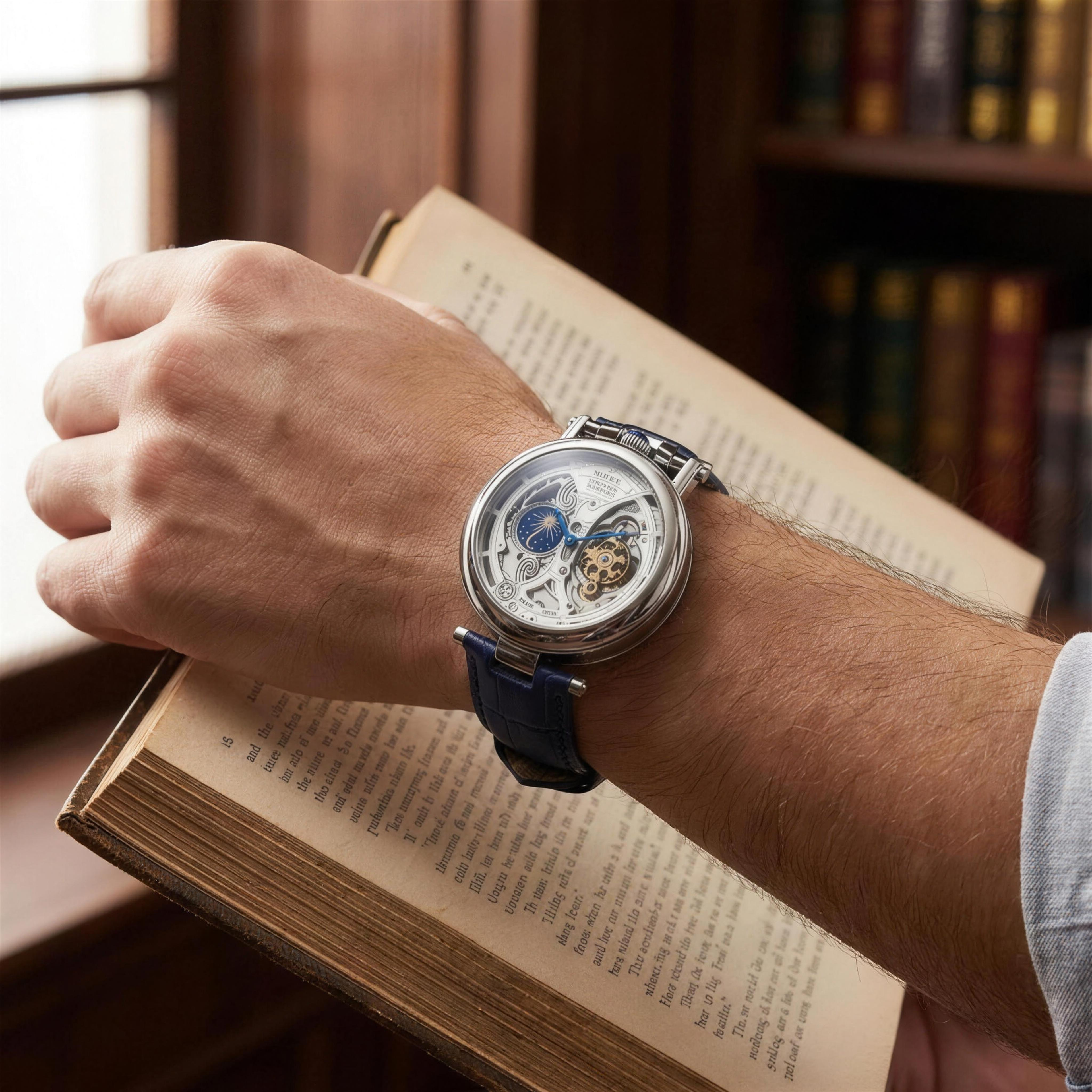 DIFFUL skeleton watch worn in library