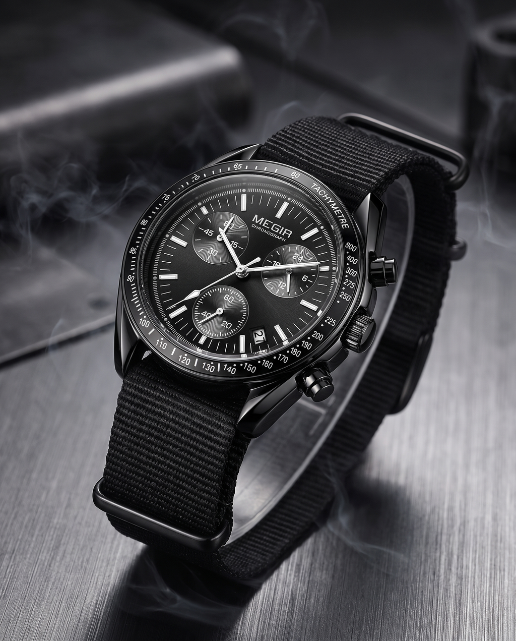 MEGIR 2247 black chronograph lifestyle shot on brushed metal, moody lighting