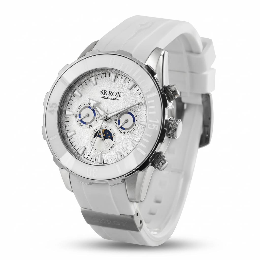 SKROX Automatic Moon Phase watch Silver/White studio hero