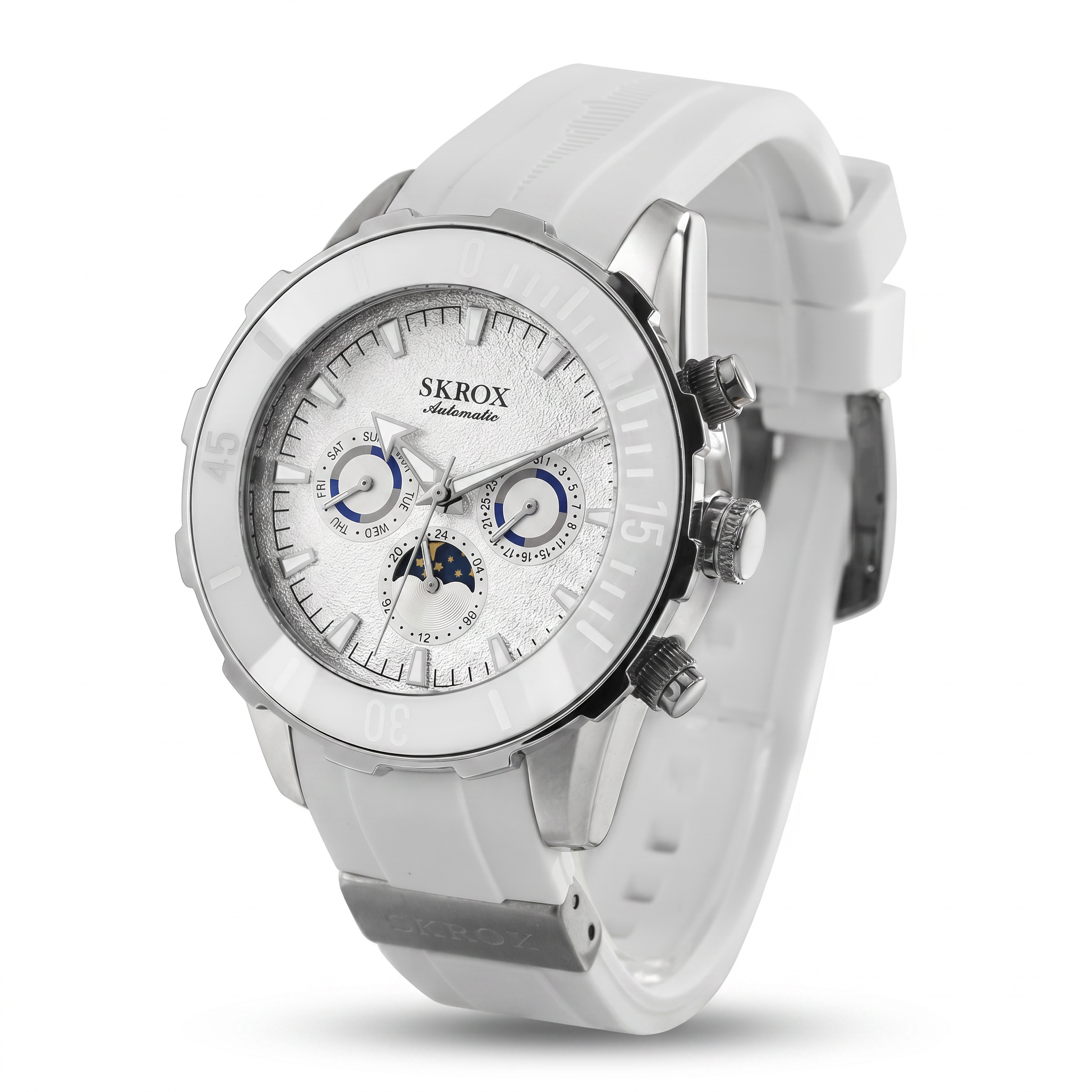 SKROX Automatic Moon Phase watch Silver/White studio hero