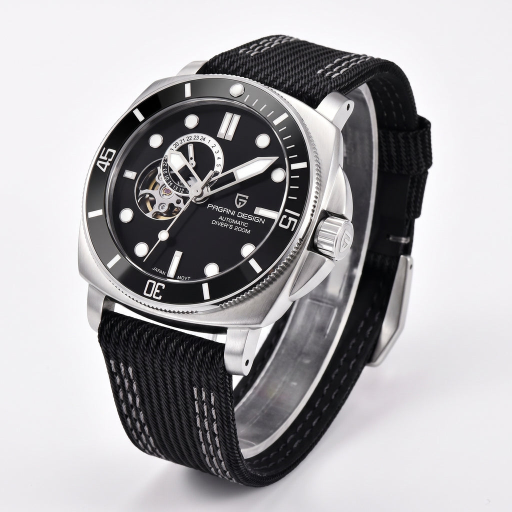 Pagani Design silver black automatic dive watch studio hero, woven nylon strap