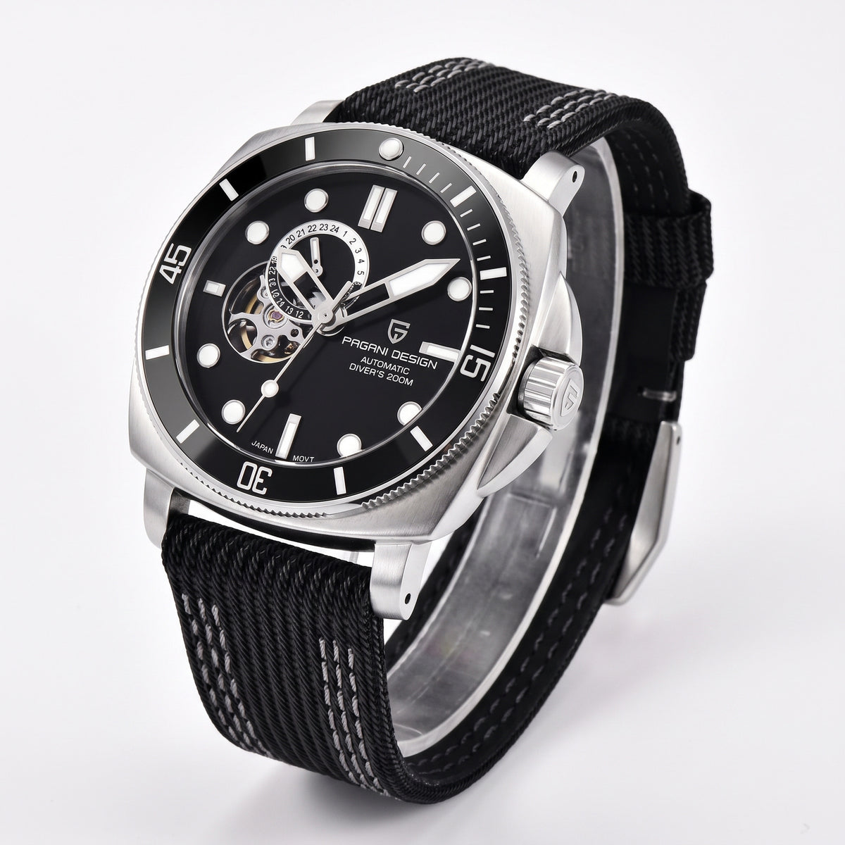 Pagani Design silver black automatic dive watch studio hero, woven nylon strap