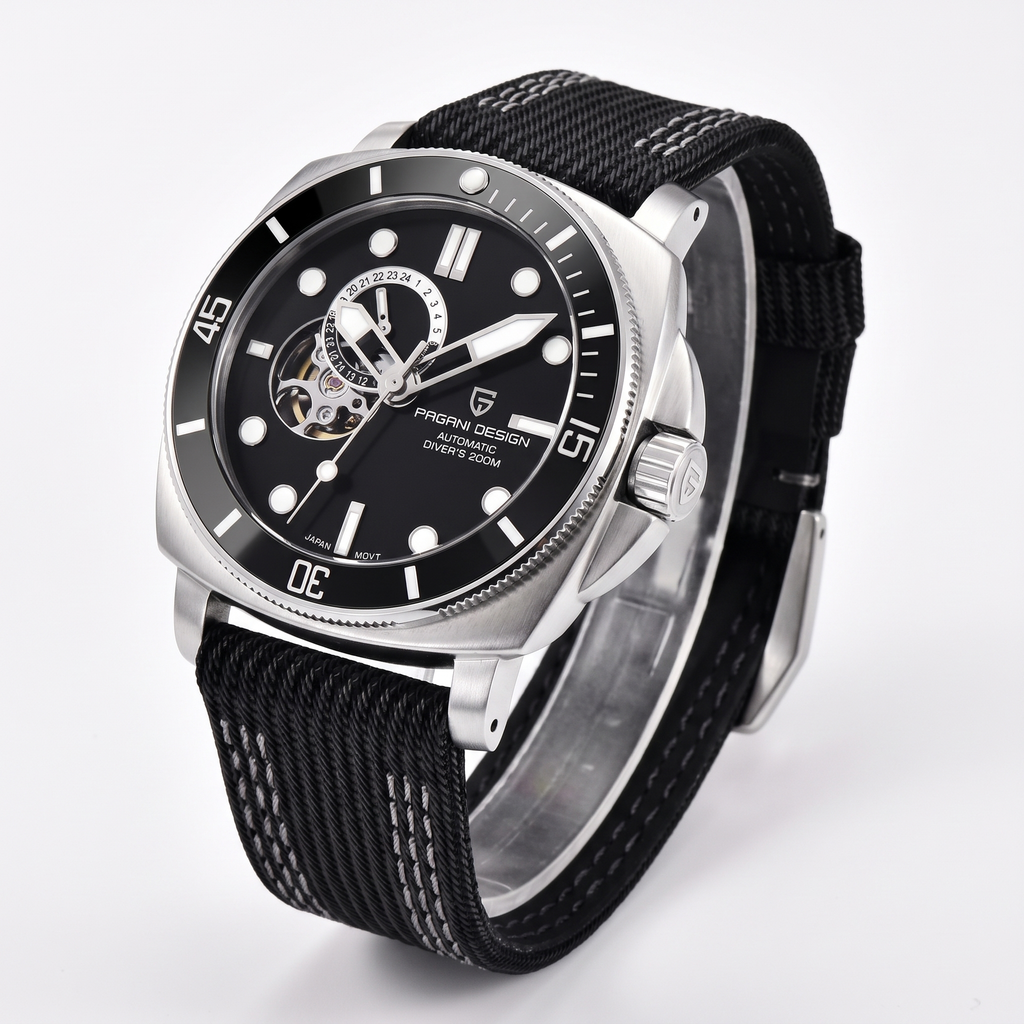 Pagani Design silver black automatic dive watch studio hero, woven nylon strap
