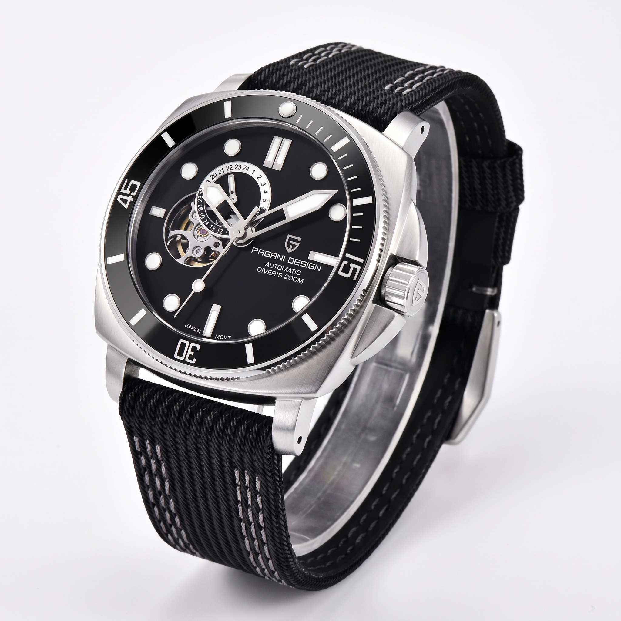 Pagani Design silver black automatic dive watch studio hero, woven nylon strap