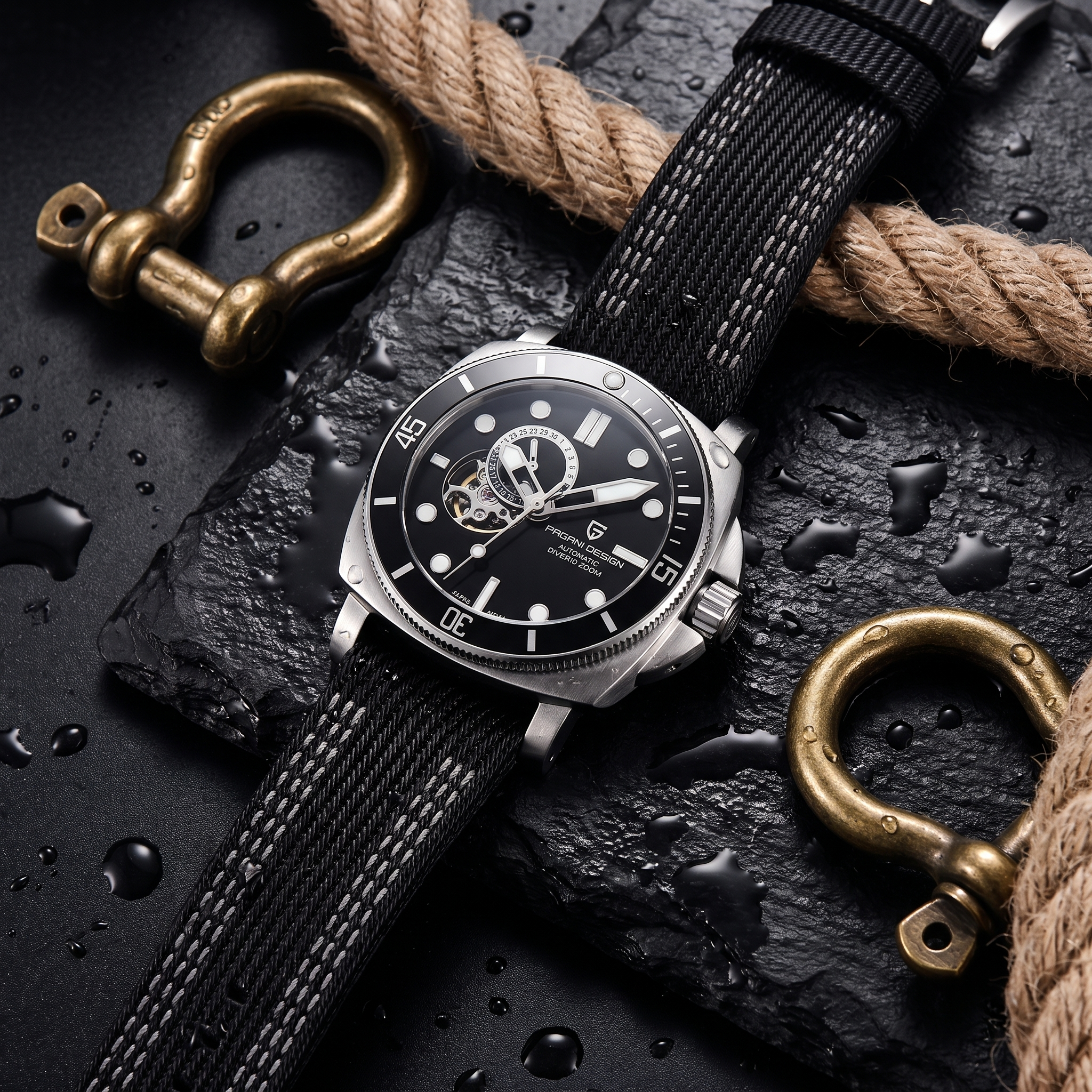 on wet slate with nautical rope