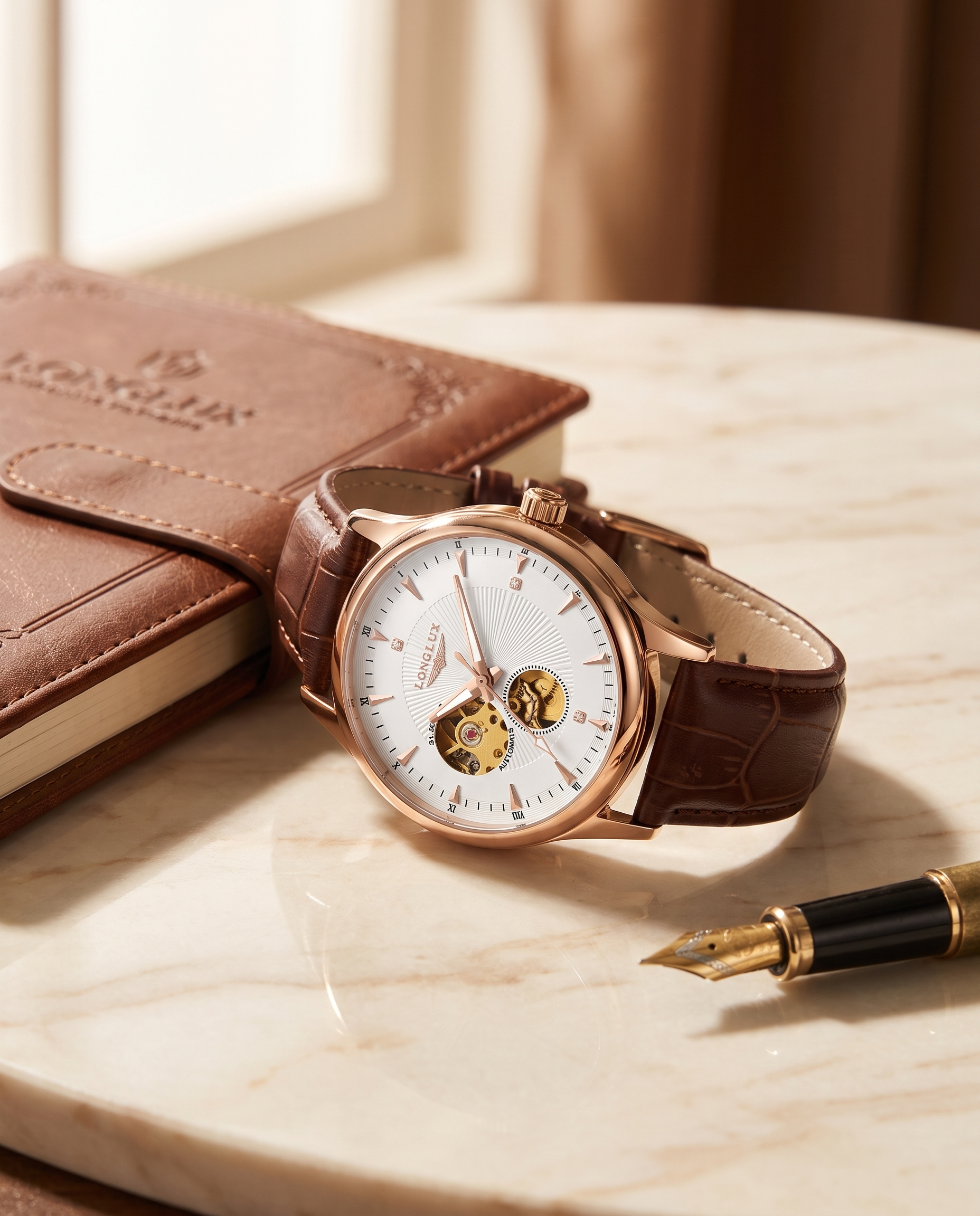 LONGLUX skeleton automatic on cream marble with leather notebook and fountain pen
