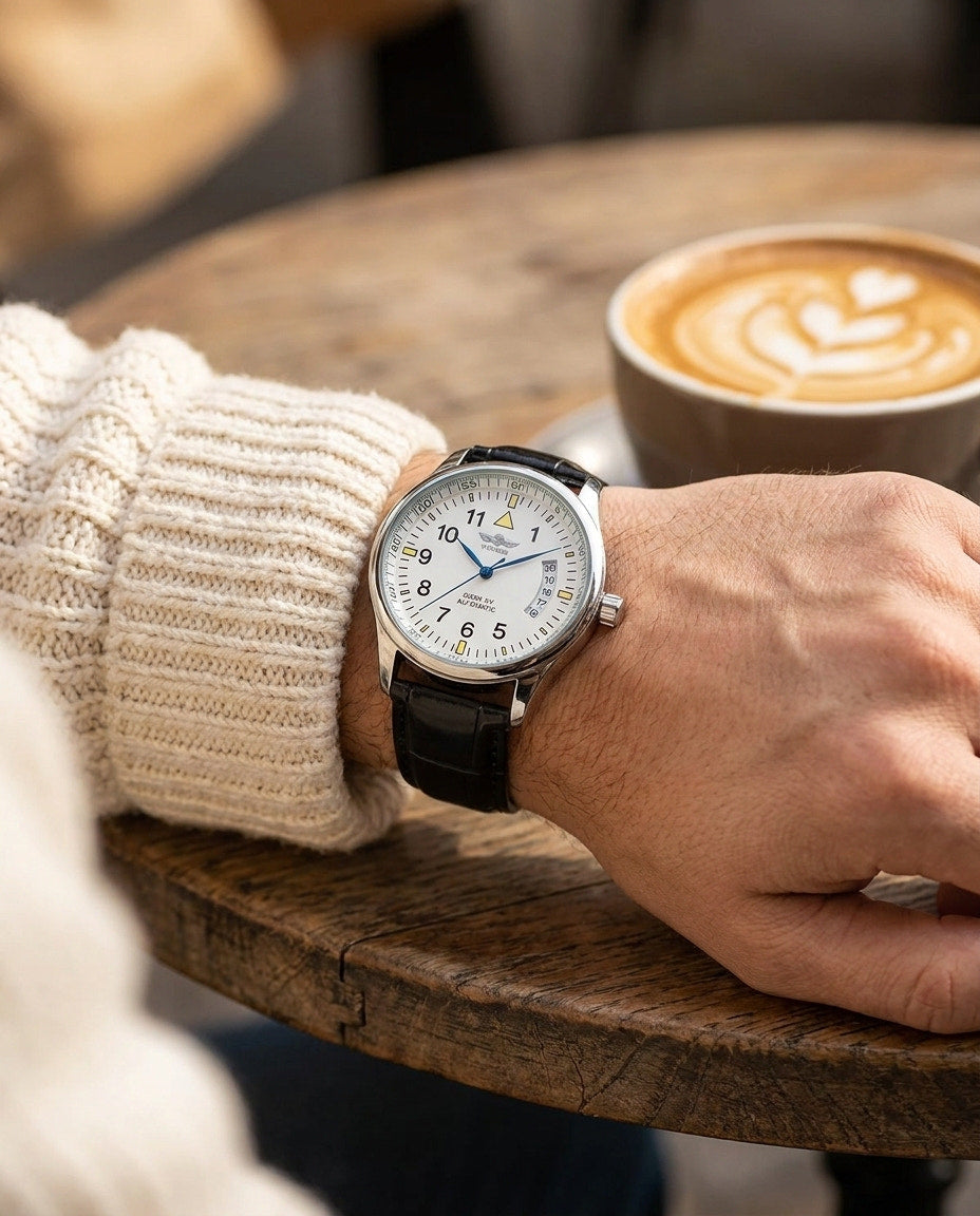 WINNER WRG8024 White dial pilot-style quartz watch worn with a black leather strap