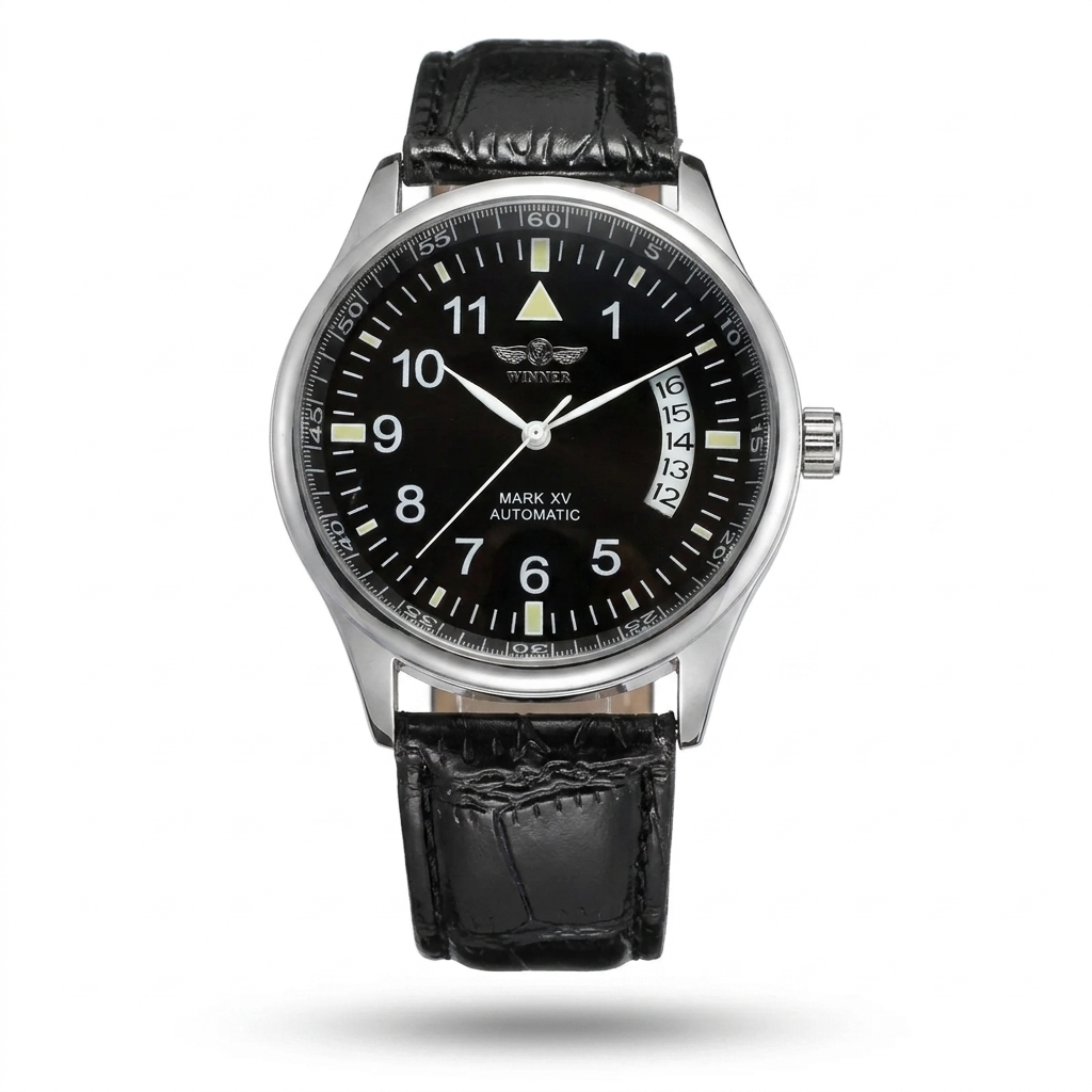 WINNER WRG8024 Black dial pilot-style quartz watch with black leather strap