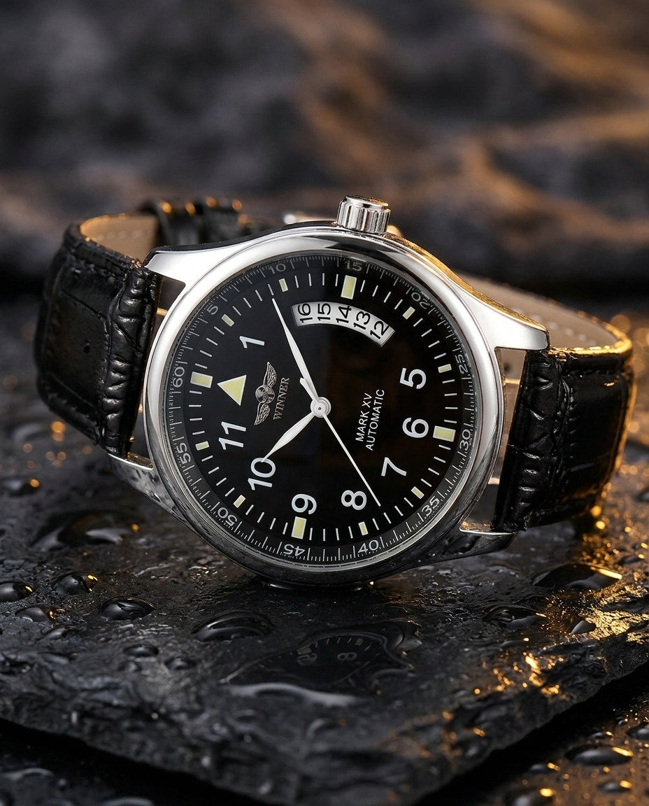 WINNER WRG8024 Black dial quartz watch with black leather strap in lifestyle setting