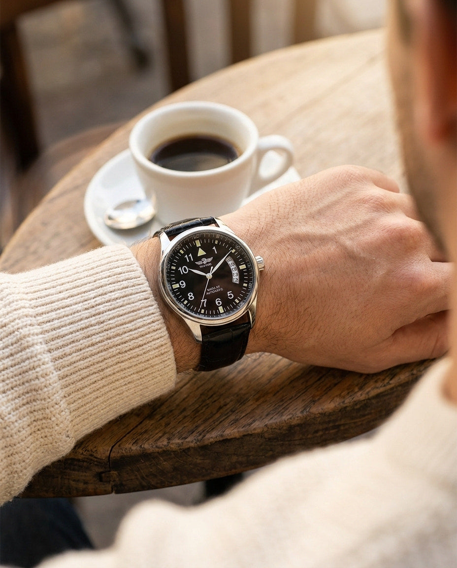 WINNER WRG8024 Black dial pilot-style quartz watch worn on wrist