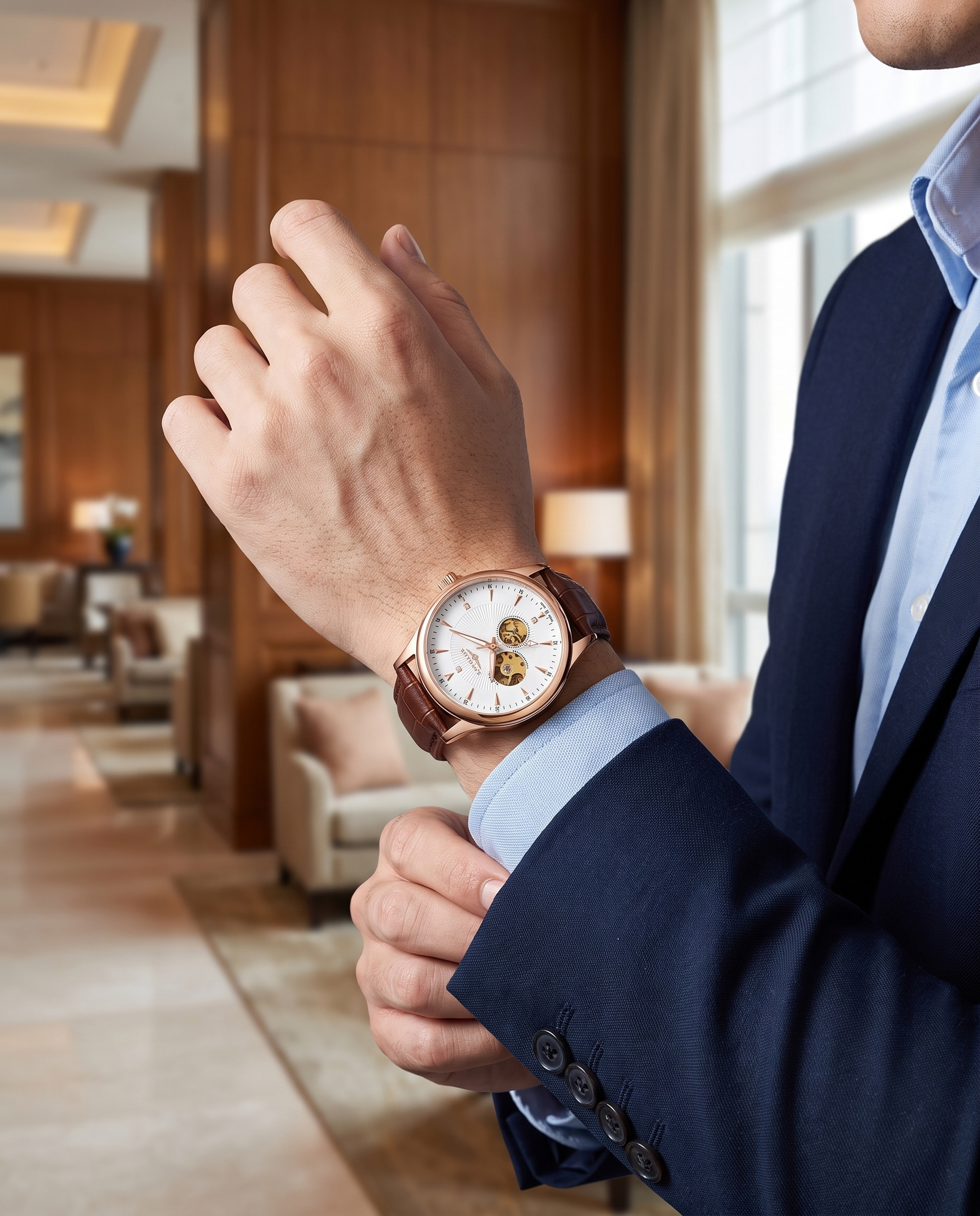 LONGLUX skeleton automatic worn on the left wrist with a navy suit in a hotel lobby