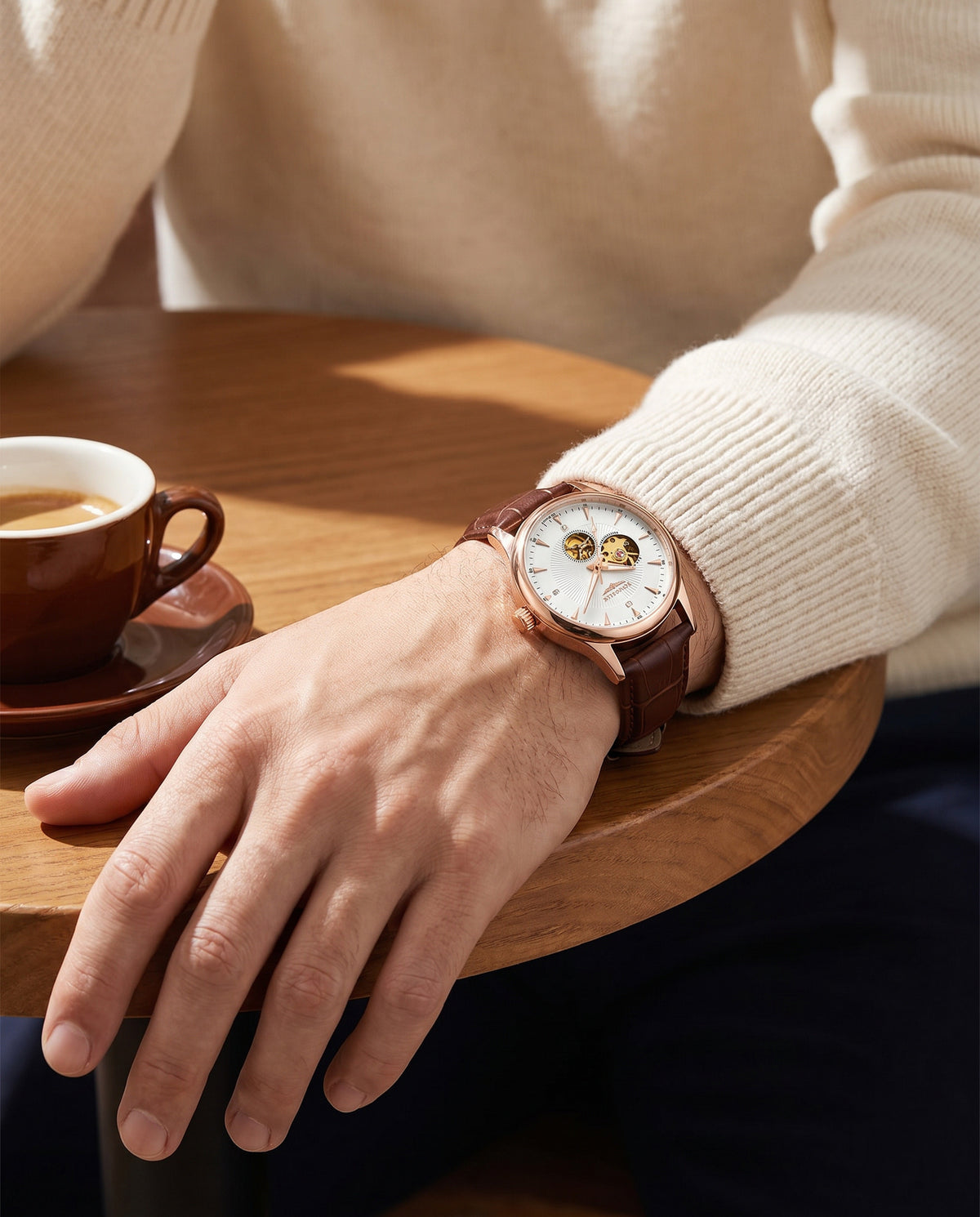 LONGLUX skeleton automatic worn on the left wrist with a cream knit sweater at a cafe