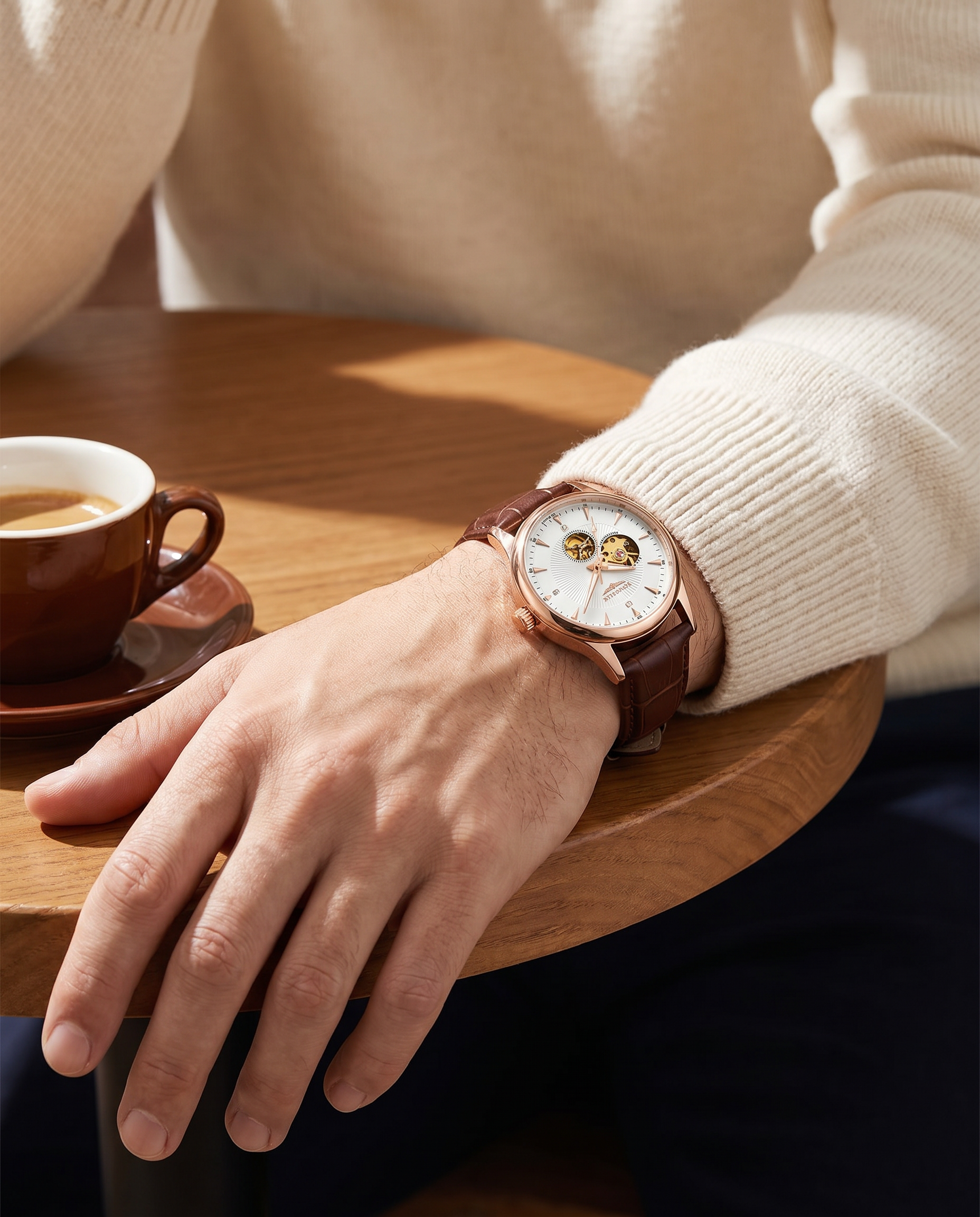 LONGLUX skeleton automatic worn on the left wrist with a cream knit sweater at a cafe