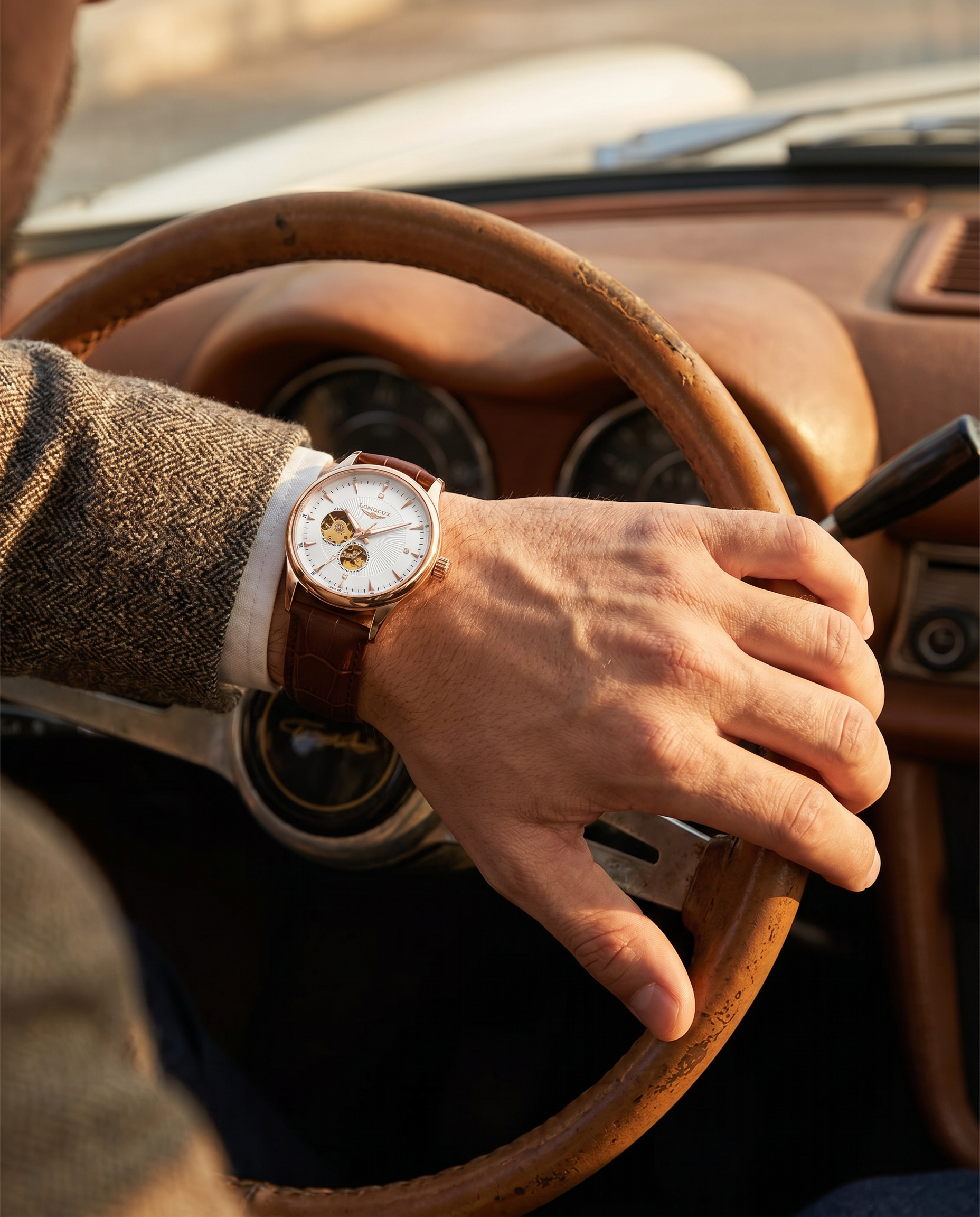 LONGLUX skeleton automatic worn on the left wrist while driving a vintage car