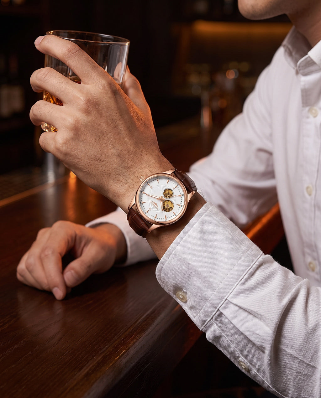 LONGLUX skeleton automatic worn on the left wrist at an upscale bar