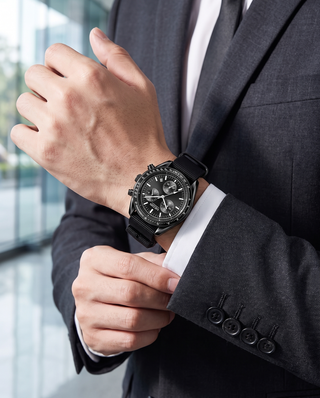 MEGIR 2247 worn on the left wrist with a charcoal suit in a modern office lobby