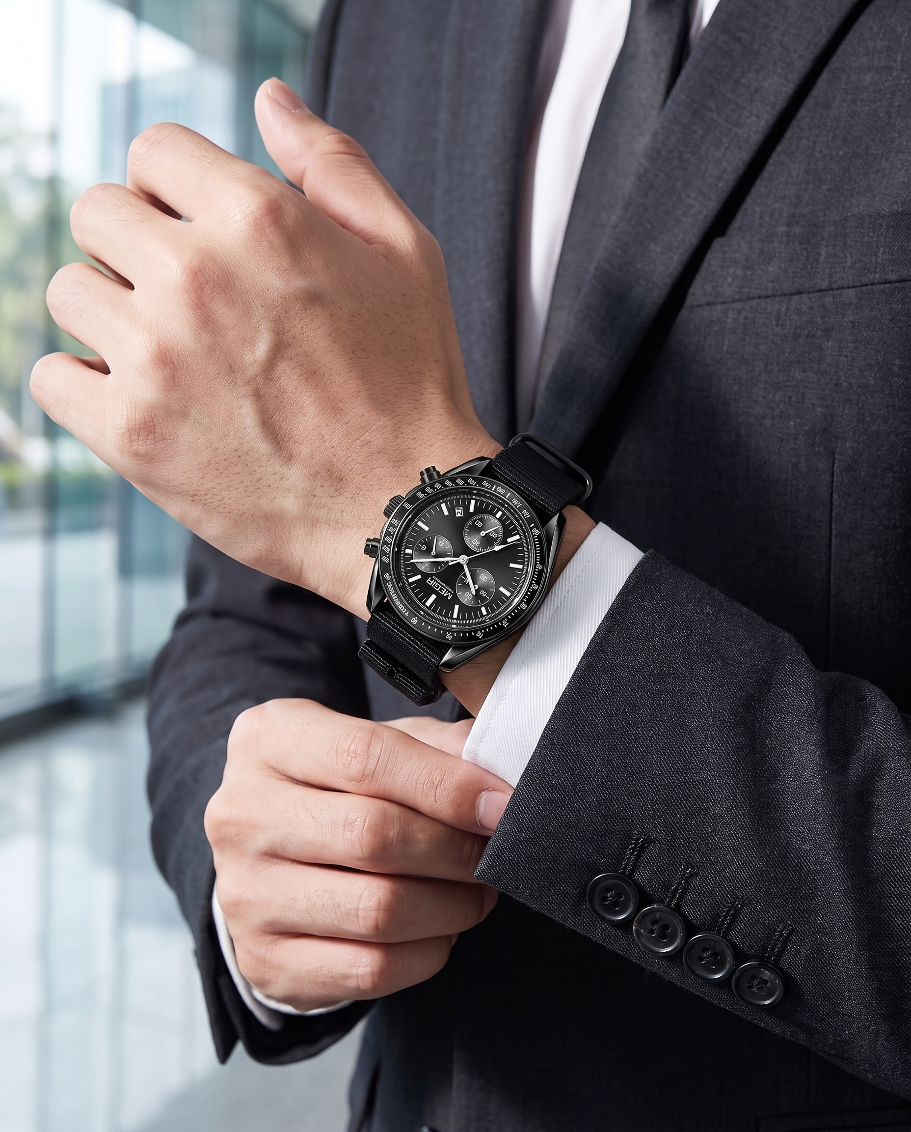 MEGIR 2247 worn on the left wrist with a charcoal suit in a modern office lobby