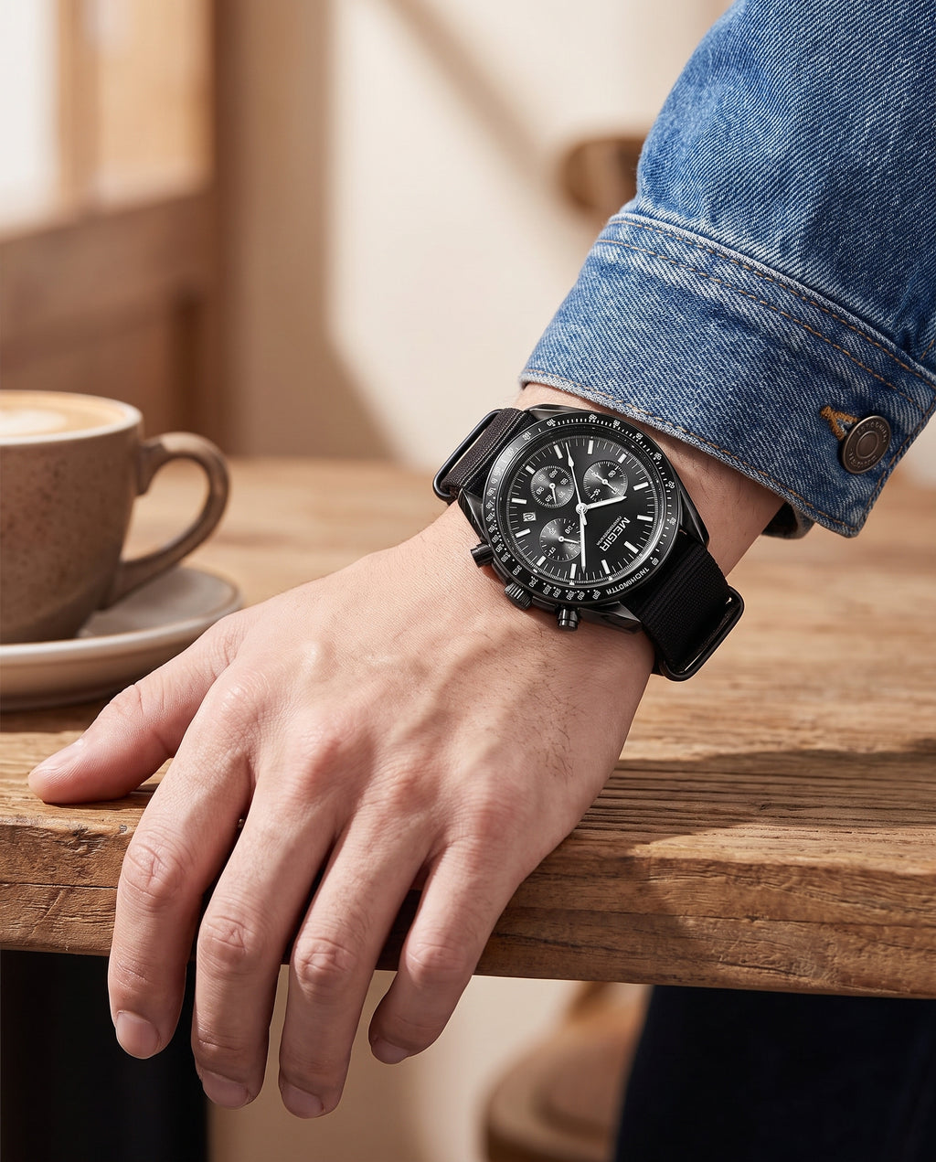 MEGIR worn on the left wrist with a denim jacket at a cafe