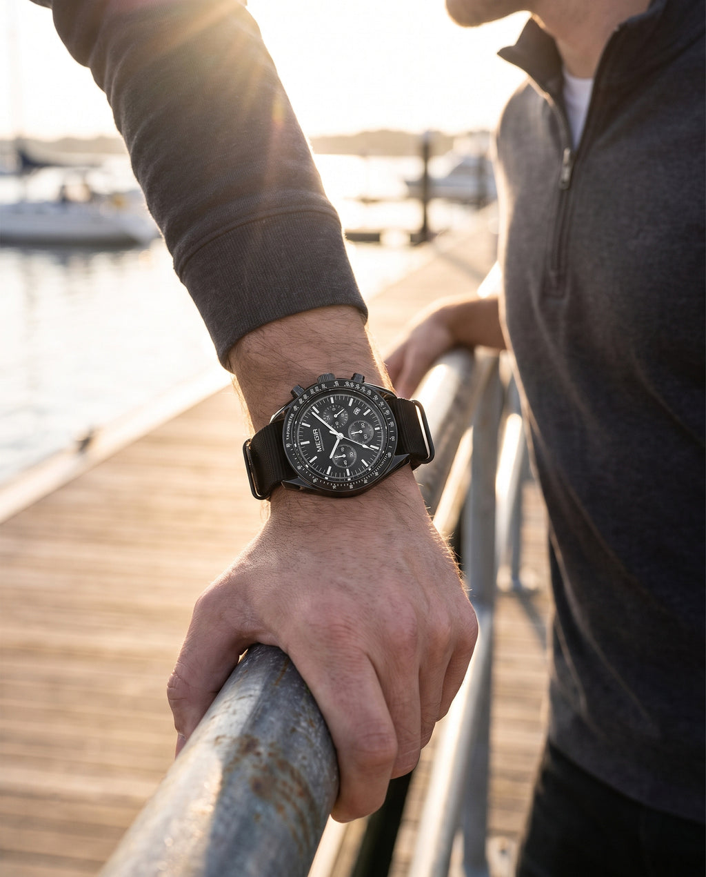 MEGIR worn on the left wrist on a waterfront boardwalk at golden hour